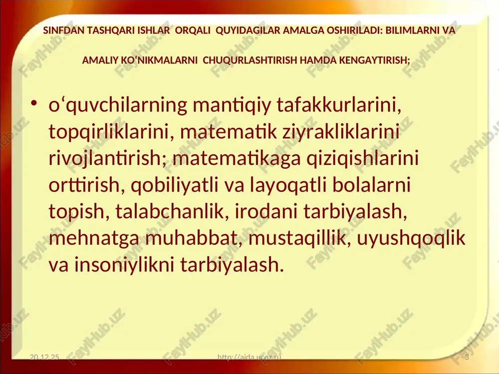 risolasi ahamiyatini bilishva vatanparvarlik hissiyotini tarbiyalash.xalq og‘zaki ijodiyoti, masal, topishmoq mutafakkirlar ta’limotidir 2 miqdorlar:uzunlik, yuza, vaqt, hajm, og‘irlik tushunchalari va o‘lchov birliklariturli miqdorlarni kelib chiqish tarixi, ularni har kunlik hayotga ishlatilishi. o‘quvchilarni aniq, mantiqiy fikrlashga o‘rgatisho‘nli pozision tizimini o‘lchov birliklarida tatbiq etilishi. o‘quvchilar ongli ravishda buni ishlatishiturli xalqlarda miqdorlarni o‘lchashda turli o‘lchov birliklari, ularning nomlari. turli o‘lchov asboblari (soat, chizg‘ich, palitka va h.k.) 3 kasrlar va ulush tushunchasiulush va kasr tushunchalari kelib chiqish tarixi, turli xalqlarni bular to‘g‘risidagi fikrlarikasrlarni kundalik hayotda masala-misollarni yechishda to‘g‘ri tatbiq etilishi. vatanparvarlik tarbiyaqadimiy misr, bobilliklarni kasr haqidagi ta’limoti. o‘rta osiyolik olimlarning, xususan g‘iyosiddin al-koshiyning «arifmetika kaliti» asari. ibn sino, beruniy ijodi. algebra elementlari: sonli va o‘zgaruvchi ifodali tushunchalari, tengsizliklar va tenglamalar yechishalgebrik tushunchalarni kelib chiqish tarixi. matematik bilimlarni chuqurlashtirish. mantiqiy abstrakt fikrlashga o‘rgatish.algebra elementlarini ongli ravishda tushunish, bilish, to‘g‘ri tatbiq etish. buyuk ajdodlarimiz ijodi bilan yaqindan tanishish. milliy o‘zlikni anglash hissini tarbiyalashmuhammad -al-xorazmiyni «al-jabr va …
