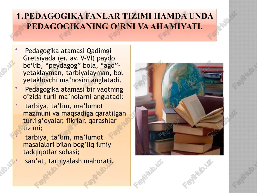 itishga nisbatan qo’lanilgan. 50-60-yillarda programmalashtirilgan ta’limda nazarda tutilgan, 70-yillarda “pedagogik texnologiyasi” iborasi qo’llanilib, u avvaldan loyihalastirilgan va aniq belgilangan maqsadlarga erishishni kafolatlovchi o’quv jarayonini bildirgan. 80-yillarning boshidan esa pedagogik texnologiya deb ta’limning kompyuterli va axborot texnologiyalarini yaratishga aytilgan. pedagogik texnologiyaga umumiy ta’rif pedagogik texnologiya- bu o’z oldiga ta’lim shakllarini optimallashtirish vazifasini qo’yuvchi, butun o’qitish va bilimlarni o’zlashtirish jarayoni texnik resurslar va odamlarning o’zaro munosabatlarini hisobga olgan holda yaratish, qo’llash va aniqlashning tuzimli metoddir. pedagogik texnologiya turlari. pedagogik texnologiyalar: uzluksiz ta’lim turlari bo’yicha; ta’lim sohalari bo’yicha; ayrim belgilari bo’yicha turlaga bo’linadi. image3.jpeg image2.jpeg image9.jpeg image10.jpeg image11.wmf image12.png image13.emf oleobject1.bin image14.emf image15.jpeg image16.jpeg image17.jpeg image18.png image19.jpeg image6.jpeg maxsuspedagogika umumiy pedagogika tarixikasbiy pedagogikatarmoqyosh davrlariqiyosiy pedagogikaijtimoiypredmetli metodikalarta'lim falsafasi pedagogika umumiy asoslari ta'lim nazariyasi (didaktika)tarbiya nazariyasi maktabshunoslik mt pedagogikasi kt pedagogikasi ot pedagogikasimehnat pedagogikasi harbiysport muhandislik yuridikboshqalargo'daklik maktabgacha maktab severinform.ru