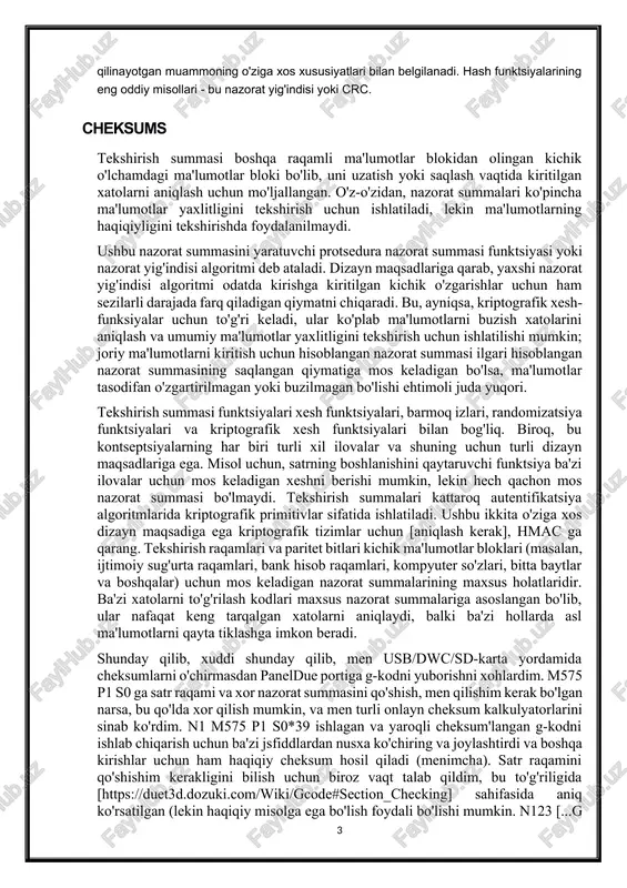 xesh funktsiyalari bilan bog'liq. biroq, bu kontseptsiyalarning har biri turli xil ilovalar va shuning uchun turli dizayn maqsadlariga ega. misol uchun, satrning boshlanishini qaytaruvchi funktsiya ba'zi ilovalar uchun mos keladigan xeshni berishi mumkin, lekin hech qachon mos nazorat summasi bo'lmaydi. tekshirish summalari kattaroq autentifikatsiya algoritmlarida kriptografik primitivlar sifatida ishlatiladi. ushbu ikkita o'ziga xos dizayn maqsadiga ega kriptografik tizimlar uchun [aniqlash kerak], hmac ga qarang. tekshirish raqamlari va paritet bitlari kichik ma'lumotlar bloklari (masalan, ijtimoiy sug'urta raqamlari, bank hisob raqamlari, kompyuter so'zlari, bitta baytlar va boshqalar) uchun mos keladigan nazorat summalarining maxsus holatlaridir. ba'zi xatolarni to'g'rilash kodlari maxsus nazorat summalariga asoslangan bo'lib, ular nafaqat keng tarqalgan xatolarni aniqlaydi, balki ba'zi hollarda asl ma'lumotlarni qayta tiklashga imkon beradi. shunday qilib, xuddi shunday qilib, men usb/dwc/sd-karta yordamida cheksumlarni o'chirmasdan paneldue portiga g-kodni yuborishni xohlardim. m575 p1 s0 ga satr raqami va xor nazorat summasini qo'shish, men qilishim kerak bo'lgan narsa, bu qo'lda xor …