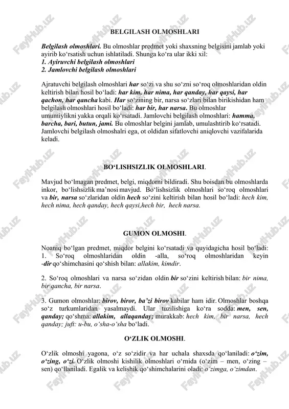 shunday olmoshi narsa belgisini boshqasiga taqqoslab ko‘rsatish uchun xizmat qilgan. biroq, ba’zi olmoshlar, xususan, kim, men, sen, qanday olmoshlarini ot yoki sifat bilan almashtirib bo‘lmaydi. qayd etilganlardan ma’lum bo‘ladiki, olmoshlar mustaqil so‘zlarning doimiy muqobili sifatida nutqning ixchamligi, qisqaligini ta’minlashda muhim ahamiyatga ega bo‘ladi. olmoshlar quyidagi o‘ziga xosliklarga egaligi bilan xarakterlanadi: 1. olmoshlar boshqa turkumlardan farqli ravishda so‘z yasalish tizimi-ga ega emas. ya’ni boshqa so‘zlaridan olmosh yasalmaydi. olmoshlar-dan affikslar orqali sanoqli so‘z yasalishi mumkin: manmanlik, men-simaslik, sensirash, shunday. shuningdek, olmoshlar ba’zi so‘zlar bilan birikib boshqa turkumga ko‘chadi: qayerda, ozmuncha, o‘zboshimcha. 3. olmoshlar otlarga xos so‘z o‘zgartuvchilarni qabul qiladi: kimni, bizga, hech kimdan kabi. ba’zi olmoshlar o‘zgartuvchi qo‘shimchalar bilan qo‘llanganda turli fonetik o‘zgarishlar sodir bo‘ladi: sen+ing, men+i; u+n+ga, shu+n+ga kabi. 4. olmoshlar egalik affikslari bilan qo‘llanishda ayrim xususiyatlar mavjud: 1) ot tipidagi so‘roq, bo‘lishsizlik, belgilash, o‘zlik olmoshlari egalik qo‘shimchalari bilan qo‘llanadi: kimi, nimasi, hech kimim, hech nimam, o‘zim, o‘zing, o‘zi, hammasi, barchasi …