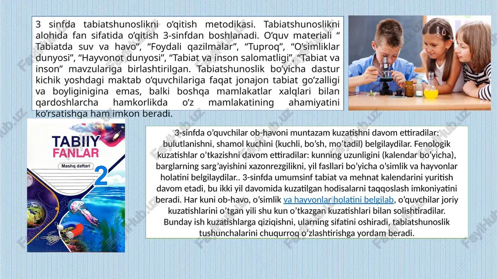 aridan to’laroq foydalanish uchun ko’rgazmali qurollarni namoyish qilish bilan birga ularni gigiyena qoidalarini amaliy jihatdan bajarishga o’rgatish zarur. gigiyena bilimlarining muvaffaqiyatli egallab olinishi o’qitishning barcha xilma-xil metodlari hamda uslublarini qo’llanish bilan ta‘minlanadi. shu maqsadda “odam organizmi va uning salomatligini muhofaza qilish” mavzusini o’rganishda o’z-o’zini kuzatishdan keng foydalaniladi, uning yordamida faqat organizmda borayotgan jarayonlarni aniqlabgina qolmasdan, balki o’zining salomatlik holatini belgilash ham mumkin. odam organizmi va uning salomatligini muhofaza qilish” mavzusini o’rganishga bag’ishlangan darslarda bir necha minutni sanitar o’quvchilarning shaxsiy gigiyena qoidalarining bajarilishi to’g’risidagi qismlarga ajratish ma‘qul bo’ladi. bu bolalarni intizomli qiladi va ularda mas‘uliyat his qilishni tarbiyalaydi. gigiyena bilimlari hamda ko’nikmalarini egallab olishga bolalarni odam tanasining tuzilishi va a‘zolarining vazifalari to’g’risidagi oddiy ma‘lumotlar bilan tanishtirishga yordam beradi. bolalar odam organizmining bir butun ekanligini tushunib olishlari kerak. uchinchi sinf o’quvchilari uchun muskullar bilan qon aylanishning, muskullar bilan ovqatlanishning o’rtasidagi o’zaro bog’lanishlar to’la tushunarlidir. “nerv sistemasi” va “sezgi organlari” mavzularini o’rgana borib, …