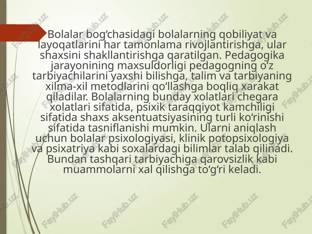hini o‘rganish maqsadida tadqiqot olib boriladi. tadqiqotda olingan ma’lumotlar yordamchi xarakterga ega bo‘lib, bola xulq-atvorining xaqiqiy kuzatilgan xususiyatlari, uning psixik funksiyalari taraqqiyot darajasi bilan taqqoslashda foydalanadi. masalan: darsda bola diqqatining barqaror emasligi, diqqatini bir joyga to‘plashga qiynalishi, aqliy ish qobiliyatining pastligi, tez chalg‘ishi va boshqalar bilan ajralib turadi. lekin xulq-atvorning ko‘rsatilgan belgilari (bilan) bola xulq-atvori extiyojlari va motivlari ierarxiyasining (bosqichma-bosqich) o‘zgarishi natijasi bo‘lishi mumkin. umumiy tushuncha inson ruhiyatini tashxislash diagnostika psixologiya psixologik diagnoz muammo diagnoz natija tayanch tushunchalar psixologik diagnoz yoki – psixodiangostika – psixologik aniqlash degan ma’noni anglatadi- shaxs individual-psixologik xususiyatlarining xozirgi xolatiga baxo berish rivojlanishi oldindan aytib berish-ya’ni:-prognoz qilish. akseleratsiya-bu bolaning tez etilishi va rivojlanishi. komissiya-xay’at degan ma’noni anglatadi. longityud-uzluksiz usul degan ma’noni anglatadi. image1.jpeg /docprops/thumbnail.jpeg