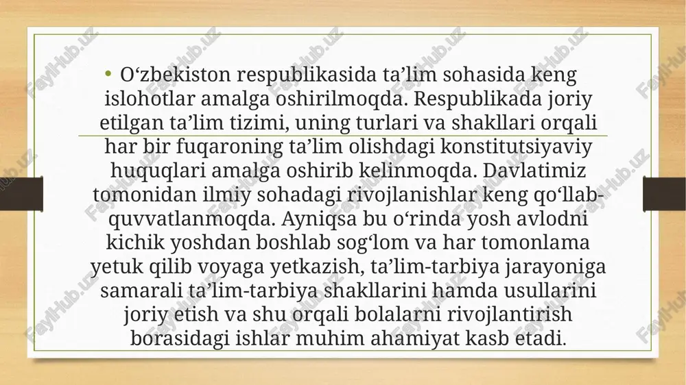 anishga hissa qoʻshadi. maktabgacha taʼlim vazirligi tomonidan xalqaro tajribalar hisobga olinib, 6-7 yoshli bolalarni har tomonlama rivojlantirish, ularga taʼlim-tarbiya berish va maktab taʼlimiga tayyorlash maqsadida “ilm yoʻli” variativ dasturi ishlab chiqildi. ushbu dastur 6-7 yoshli bolalar uchun moʻljallangan majburiy boshlangʻich taʼlimga bir yillik tayyorlash guruhlari maktabgacha taʼlimga qoʻyiladigan davlat talablariga muvofiq, bolaning rivojlanishidagi 5 muhim soha : bolalarning jismoniy rivojlanish va sogʻlom turmush tarzini shakllantirish; ijtimoiy-hissiy rivojlanish; nutq, muloqot, oʻqish va yozish malakalari; bilish jarayonining rivojlanishi; ijodiy rivojlanish sohalarini har tomonlama uygʻun rivojlanishini taʼminlashga moʻljallangan boʻlib, bunda bola taʼlimiy faoliyatning yetakchi ishtirokchisi sifatida namoyon boʻladi. dastur talablari bolani har tomonlama rivojlantirib, maktab taʼlimiga tayyorlaydi, unda turli xil koʻnikmalarni shakllantirishda xizmat qiladi. bu yoshda bolani savodxonligi boʻyicha olib boriladigan taʼlimiy jarayonlar bolalarda nutq, muloqot, oʻqish va yozish malakalarini rivojlantirish sohasi va bola rivojlanishining barcha sohalari bilan chambarchas bogʻliq holda amalga oshiriladi. bolaning soʻz boyligi oshadi, nutqqa nisbatan qiziqish uygʻonadi, unda mazmunli …