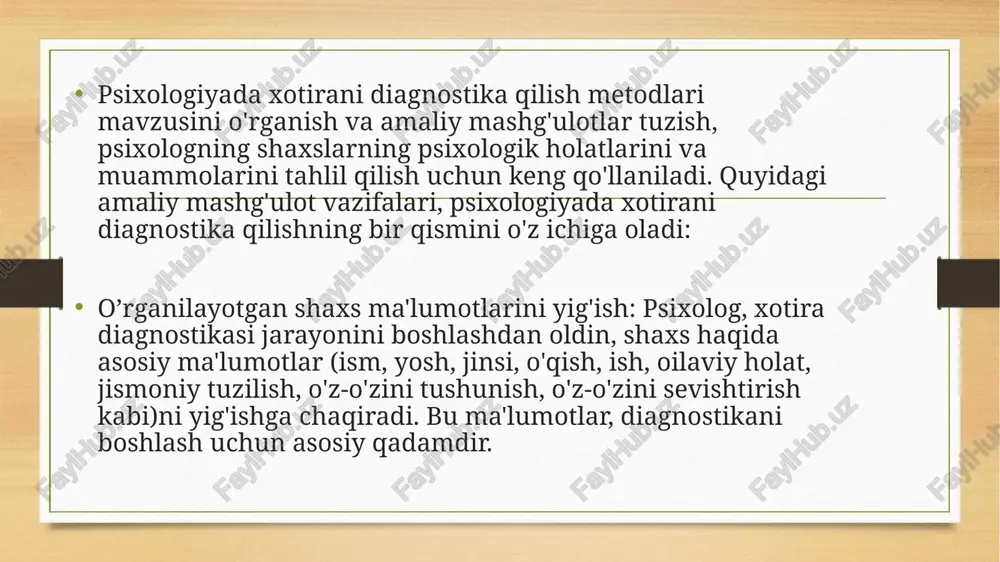 arning voqealar haqidagi tasavvurlari va talqinlariga qanday ta'sir qilishi mumkinligini o'rganing. rangni idrok etish va uning psixologik jihatlari: tajriba o'tkazing, unda ishtirokchilar rangni idrok etishlarini va uning kayfiyatiga ta'sirini baholaydilar. qaysi ranglar turli his-tuyg'ular bilan bog'liqligini va nima uchun ekanligini aniqlashga harakat qiling. image5.png image6.png image7.jpg image8.png image9.jpg image3.png image4.png /docprops/thumbnail.jpeg 9 osiyo texnolopiyalari universitet 2417 guruhi talabalaei ‘taqdi