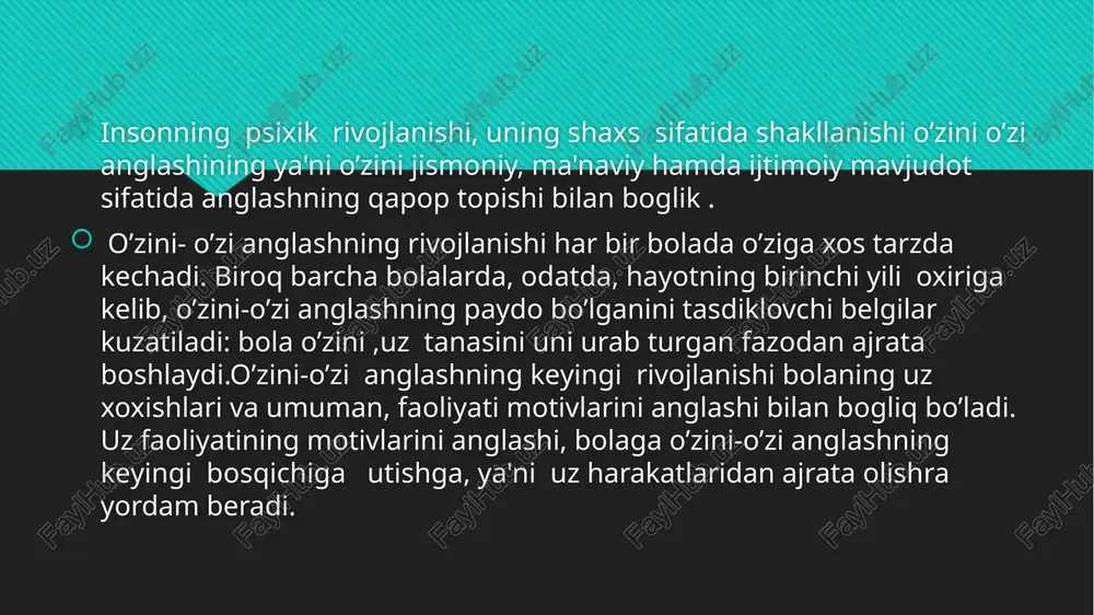 iga sabab shundaki, bu yoshda ular ko’rincha maktanchoklik yaxshi emasligini biladilar. agar uzlarini ijobiy tomondan baxolamokchi bo’lsalar, buni ko’rincha bilvosita amalga oshiradilar. masalan, "sen yaxshi bolamisan yoki yomon bolamisan?" detan savolga bolalar (bog’chaning katta gurux bolalari) "yaxshi" yoki "yomon" deb javob bermaydilar, buning urniga "bilmadim.., men kattalarga kuloq solaman", "men ham 100 gacha sanashni bilaman", "men doim navbatchilarga yordam beraman" deb aytadilar. bog’cha yosh davrida o’ziga-o’zi baxo berish emotsional harakterga ega bo’ladi. bolaning boshqalarga beradigan baxosi ham shunday xususiyatga ega bo’ladi. bola uni upab turgan kattalardan kaysi biriga ishonch xis etsa, mexri tovlansa, usha kishiga ijobiy baxo beradi. katta bog’cha yoshidagi bolalar ularni upab turgan kattalarning ichki olamiga baxo berishga harakat kiladilar. urta va kichik bog’cha yoshidagi bolalardan farqli ravishda kattalarning ichki olamiga anchagina chuqur va differentsiallashgan baxo beradilar. aniklanishicha, bolaning guruxda egallagan mavkei uning o’ziga-o’zi beradigan baxosiga tasir etadi. masalan, guruxdagi mavkei unchalik baland bulmagan bolalarda o’ziga juda yuqori …