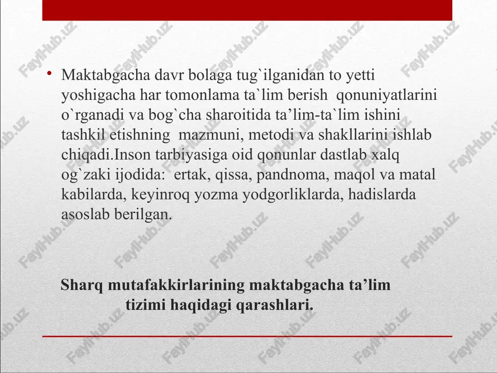 oshirishga erishiladi. davlatimiz rahbarining qarori bilan tasdiqlangan maktabgacha ta’lim tizimini yanada takomillashtirish bo‘yicha 2017-2021 yillarga mo‘ljallangan dasturda keng ko‘lamli strategik maqsadlar, muhim vazifalar belgilangani bilan ahamiyatlidir. xususan, hujjatda bugungi kundagi hayotiy talab va ehtiyojlar, sohada echimini kutayotgan masalalar hamda hali ishga solinmagan imkoniyatlar hisobga olinganligi barchamizni quvontiradi. ayniqsa, kelgusi besh yillikda 2200 ta maktabgacha ta’lim muassasasining moddiy-texnika bazasini mustahkamlash, jumladan, qishloq aholi punktlarida yangi maktabgacha ta’lim muassasalarini qurish, ularni zamonaviy talablarga javob beradigan inventar, uskunalar, o‘quv-metodik qo‘llanmalar, multimedia resurslari bilan ta’minlash hamda ushbu maqsadlar uchun jami 2,2 trillion so‘m mablag‘ ajratilishi ko‘zda tutilayotgani ushbu qaror o‘z ichiga nechog‘lik keng ko‘lamli vazifalarni qamraganligini ko‘rsatadi. . 1. o‘zbekiston respublikasi maktabgacha ta’lim vazirligi, qoraqalpog‘iston respublikasi maktabgacha ta’lim vazirligi, toshkent shahar maktabgacha ta’lim bosh boshqarmasi, viloyatlar maktabgacha ta’lim boshqarmalari hamda ularning tuman(shahar)lardagi bo‘limlari tashkil etilsin. 2. quyidagilar o‘zbekiston respublikasi maktabgacha ta’lim vazirligining asosiy vazifalari va faoliyati yo‘nalishlari etib belgilansin: birinchidan, maktabgacha ta’lim sohasida yagona …