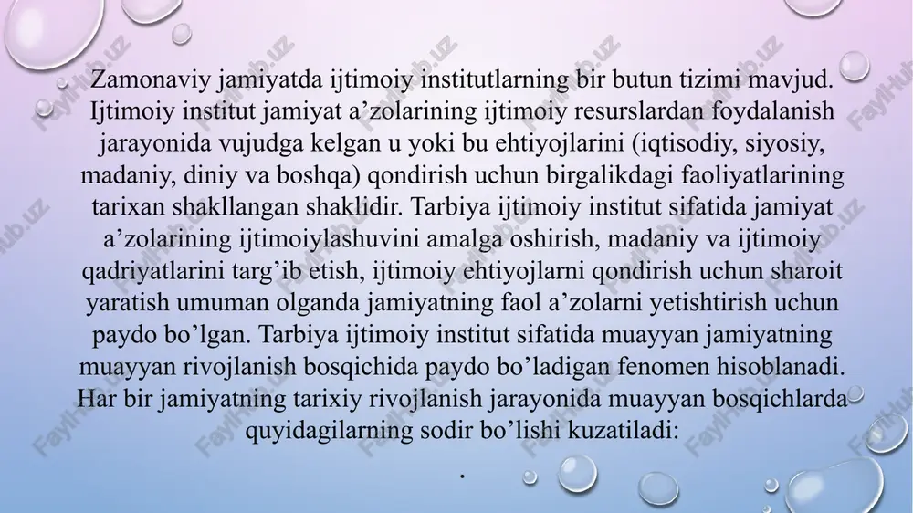 li pedagogning o’z tarbiyalanuvchisiga, uning rivojlanish jarayonida mas’uliyatli va mustaqil sub’ektga nisbatan munosabatda bo’lishini ko’zda tutadi. tarbiyaning insonparvarlashuv tamoyilini amalga oshirish bolalar, o’smirlar, yoshlarning shakllanishiga ijobiy ta’sir ko’rsatadi. bu tamoyilning amalga oshirilishi natijasida: tarbiya ijtimoiylashuv obekti bo’lmish inson qay darajada g’ayri ijtimoiy qadriyatlarni emas, balki ijobiy me’yor va qadriyatlarni o’zlashtirishini aniqlaydi; tarbiya inson o’zini ijtimoiylashuv sub’ekti sifatida his qilishi, o’z sub’ektivligining namoyon qilishi va taraqqiy etishi uchun sharoit yaratadi; tarbiya inson uchun jamiyatga moslashuv darajasini ishlab chiqishga imkoniyat yaratadi; tarbiya insonni muayyan yosh bosqichlarida xavflar bilan to’qnash kelishiga yo’l qoymasligi yoki insonning ijtimoiylashuv qurboniga aylanishi ehtimolini kamaytirishi mumkin tarbiyaning insonparvarlashuv tamoyilini amalga oshirish tarbiyalanuvchida refleksiya va o’z-o’zini tartibga solishni rivojlantirishga, uning tashqi olam bilan munosabatlarini shakllanishiga, g’urur hissining oshishiga, jamiyatda demokratik va gumanistik munosabatlarni tashuvchisi bo’lgan insonning shakllanishiga ijobiy ta’sir ko’rsatadi. yanada kengroq ma’noda insonparvarlashuv tamoyilining amalga oshishi insonlar orasidagi aloqalarning yaxshilanishi, ijtimoiy taraqqiyot uchun kurashda insonlarning birlashishiga ko’maklashadi. tarbiyaning …