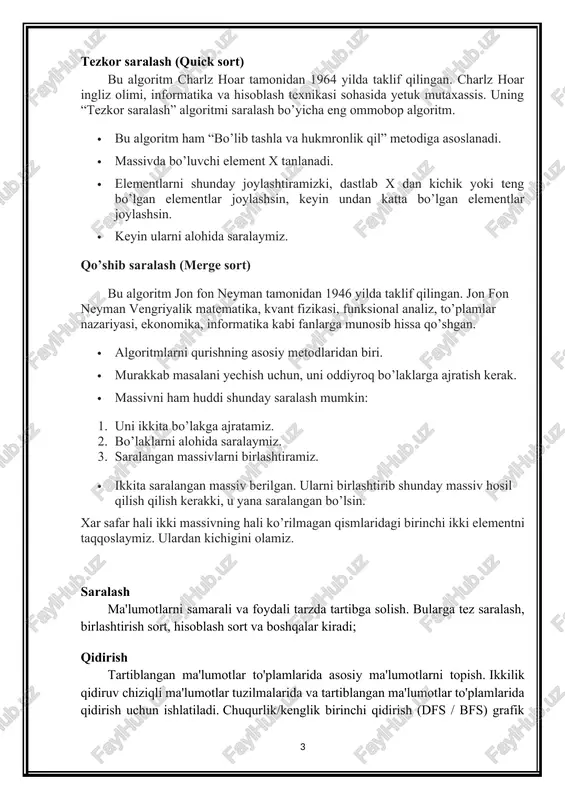 chiziqli ma'lumotlar tuzilmalarida va tartiblangan ma'lumotlar to'plamlarida qidirish uchun ishlatiladi. chuqurlik/kenglik birinchi qidirish (dfs / bfs) grafik ma'lumotlar tuzilmalari uchun ishlatiladi va veb-skanerlash uchun qidiruv tizimlarida ishlaydi. algoritmlar raqamli dunyoda faqat haqida hamma narsani yuragi bor, avtomatlashtirilgan idishlarni uchun yuqori tezlikda birja savdo. texnologiya yanada kengroq bo'lib, biz aqlli avtomobillar, aqlli uylar, aqlli shaharlar va hatto aqlli jismlarga tayanib qolganimiz sababli, biz sayyorada yuradigan, gapiradigan va o'ylaydigan mutlaqo yangi ong shakli bilan o'zaro aloqada bo'lgandek tuyulishi mumkin. . biroq, aslida, bu juda ko'p algoritmlar orqali ishlaydigan juda ko'p raqamlar. algoritm turlari bilan tanishish algoritm muammoni hal qilish uchun bajarilishi kerak bo'lgan ketma-ket qadamlar va jarayonlarni anglatadi muammoni hal qilish algoritmlari. 2. ma’lumotlarni saralash algoritmlari 2.1. to’g’ridan-to’g’ri qo’yish usuli bilan saralash algoritmlari qo‘yish yordamida saralashning asosiy g‘oyasi: saralangan ro‘yxatga yangi element qo‘yishda qo‘yilayotgan elementning qiymatiga mos o‘rin topilib, joylashtiriladi. bundan asosiy maqsad, yangi element qo‘yilgan ro‘yxatni qayta saralashning oldini olishdan iborat. …