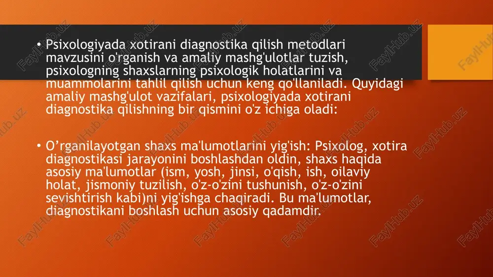 lar haqidagi tasavvurlari va talqinlariga qanday ta'sir qilishi mumkinligini o'rganing. rangni idrok etish va uning psixologik jihatlari: tajriba o'tkazing, unda ishtirokchilar rangni idrok etishlarini va uning kayfiyatiga ta'sirini baholaydilar. qaysi ranglar turli his-tuyg'ular bilan bog'liqligini va nima uchun ekanligini aniqlashga harakat qiling. image2.png image3.png image4.jpg image5.png image6.jpg image1.png /docprops/thumbnail.jpeg 9 osiyo texnolopiyalari universitet 2417 guruhi talabalaei ‘taqdi