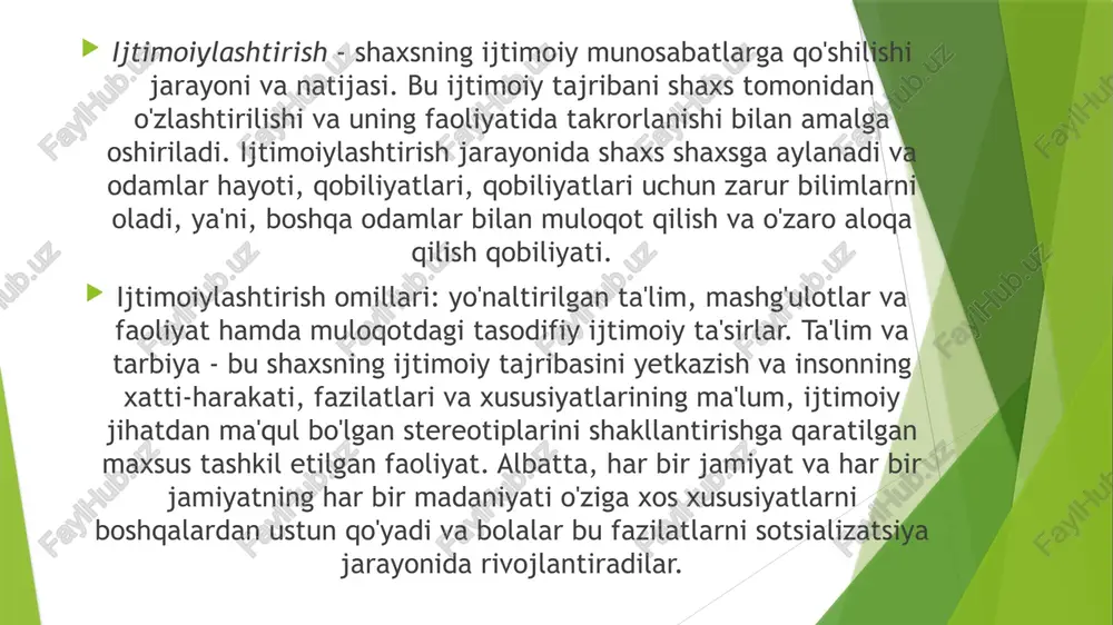 ko’rsatishining tarkibiy qismi bo’lgan tarbiya o’z xususiyatlariga ega. bu jarayon boshqalaridan farqli ravishda doimo bir maqsad sari yo’naltirilgan va bu faoliyat maxsus tayyorlangan odamlar tomonidan amalga oshiriladi. tarbiya jarayonida bola ijtimoiylashuviga ta’sir qiluvchi boshqa omillar- muhit, oav, madaniyatlar inobatga olinadi. biroq shuni esda tutish lozimki, tarbiya boshqa ijtimoiy omillar ichida o’z o’rniga ega hamda boshqa omillarning o’rnini to’ldira olmaydi ham, bekor qila olmaydi ham tarbiyaning bola rivojlanishiga ta’siri vaqt o’tgan sari o’zgaradi. bola qanchalik kichik bo’lsin, tarbiya uning shakllanishiga shuncha ko’p ta’sir ko’rsatadi. vaqt o’tgani sayin tarbiyaning hissasi kamayib boradi. bu vaqtda bolaning u yoki bu ijtimoiy qadriyatni tanlashdagi mustaqilligi ortadi. borgan sari tashqi tarbiyaviy omillarning ta’siri kamayadi. biroq boshqa bir jarayon-o’z-o’zini tarbiyalash jarayoni rivojlana boshlaydi. bolaning o’z shaxsini mukammallashtirish, o’z-o’zini rivojlantirish bo’yicha mustaqil faoliyatini anglashi ortadi. ma’lumki, o’z-o’zini tarbiyalashga ehtiyoj shaxs rivojining eng yuksak shakli hisoblanadi. bizning modelga binoan insonning o’z-o’zini tarbiyalashi ehrom bunyod etish bilan barobardir shuning uchun …