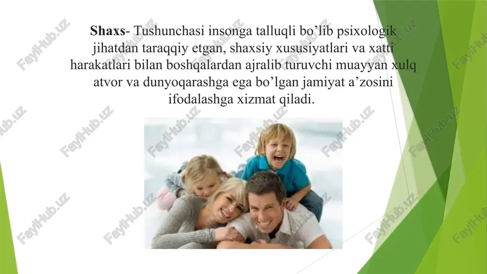 xislatlarini shakllantirish – uning shaxslik imkoniyatlarini namoyon etishi orqali faoliyatini rivojlantirish muhim sanaladi ma’lum bir yosh davriga xos bo’lgan anatomik, fiziologik, psixologik xususiyatlar yosh xususiyatlari deyiladi odam ijtimoiy mavjudot sifatida shaxsga aylanishi uchun ijtimoiy muhit sharoitlari va tarbiya kerak bo’ladi. ana shular ta’sirida odam inson sifatida rivojlanib boradi va shxsga aylanadi. bular shaxsning o’ziga xos xususiyatlari bo’lib ana shu ruhiy xususiyatlar rivojlanib borib ma’lum bir bosqichga yetsagina u mukammal inson sifatida shakllanadi. shaxsning ijtimoiy voqealikka, mehnatga, jamiyatga bo’lgan munosabati turlicha namoyon bo’ladi. pedagogika, tibbiyot, bolalar anatomiyasi,fiziologiyasi, psixalogiya fanlari yutuqlari va shu fanlarning tavsiyasiga ko’ra bolalarning yosh davrini quydagicha guruhlash qabul qilingan. 0-3 4-11 maktabgacha tarbiya yoshi 12-18 o’rta maktab yoshidagi o’smirlar go’daklik davri bog’chagacha bo’lgan yosh davri maktab yoshidagi kichik guruhlar o’spirinlik davri shaxsning ijtimoyilashuvi. shaxs ijtimoiy munosabatlar jarayonida shakllanadi. chunki ta’lim jarayonida bolalarga jamiyatda birga yashash bilan bog’liq bo’lgan holat va hodisalar o’rgatiladi. bu jarayonda o’quvchi jamiyatga «kirishadi» va …