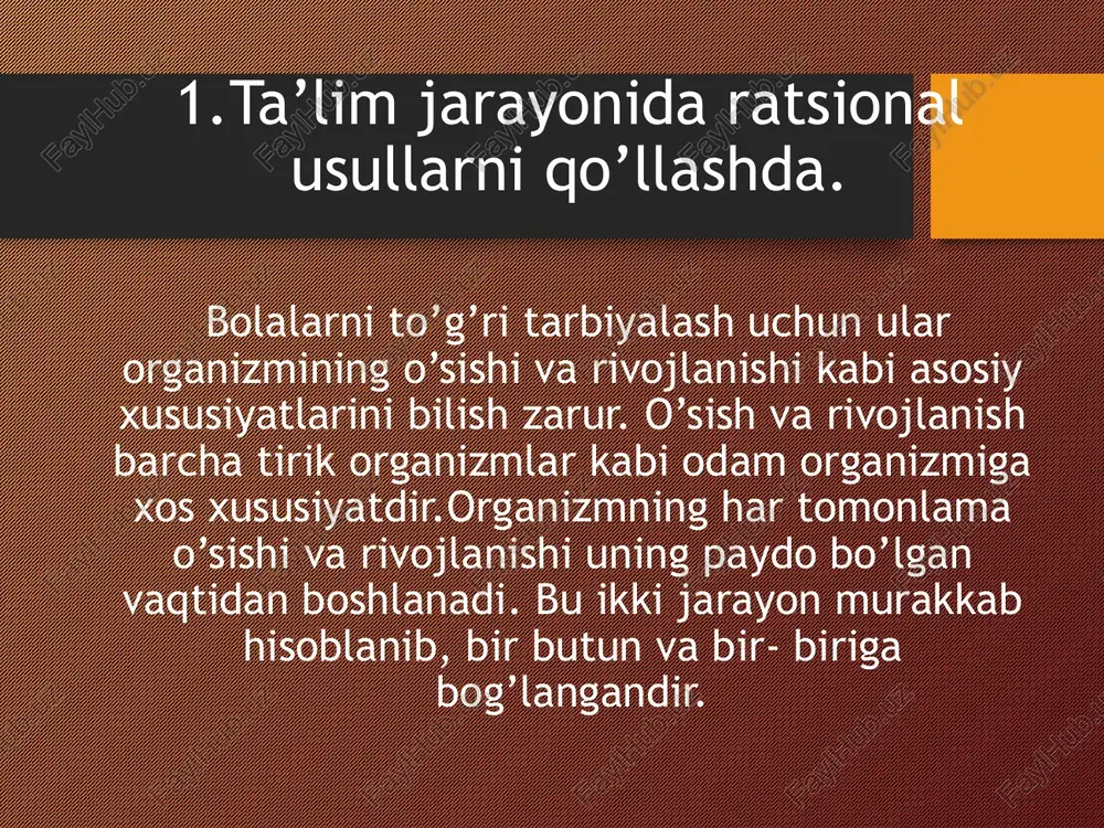 dan o’zib ketgan holda, u mustaqil bo’lishga va o’zbilarmonlikka berilib o’qituvchiga ham bo’ysunmay qoladi. shuning uchun ham bolalarni nisbatan o’zib ketishiga nisbiy munosabatda bo’lish kerak. bolalarning jismoniy, aqliy va jinsiy jihatdan rivojlanishida yuqorida aytib o’tilganidek, irsiy faktorlar bilan bir qatorda turmush sharoiti, maktabdagi mehnat faoliyati, jismoniy mashqlar, kasalliklar bilan og’rigani muhim ahamiyatga ega. bundan tashqari, ob- havo sharoiti, iqlim sharoiti, quyosh radiatsiyasi ham ularning o’sishi va rivojlanishiga katta ta’sir ko’rsatadi. bolalr yoz faslida (iyul- avgust) xususan tez o’sadi. agar bola kichikligidan muntazam ravishda jismoniy mashqlar va sport bilan shug’ullansa u sog’- salomat o’sadi, uning porganlari uyg’un rivojlanadi. (masalan, nafas organlarining takomillashuvi yurak- qon tomir tiziminig rivojlanishiga ijobiy ta’sir ko’rsatadi. yoshga oid davrlar tizimi n.p.gundobin tomonidan tavsiya qilingan bo’lib tizimlashtirishda bir tomondan organizmning asosiy rivojlanish qonuniyatlari, ikkinchi tomondan, bolalik va o’smirlik davrida tarbiyalashni tashkil qilish masalalari hisobga olingan. shuning uchun quyidagi: yasli, bog’cha, boshlang’ich, o’rta va yuqori maktab yosh davrlarini pedagogik …