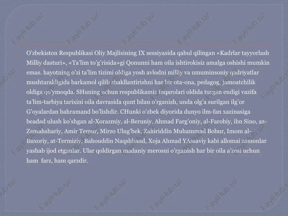 ham, iltijo ham yalinib-yolvorishlar ham emas, balki osoyishtalik, jiddiylik va ishbilarmonlik bilan qilingan farmoyishdan iborat bo‘lmog‘i kerak. bunday farmoyish berish huquqi oila a’zolarining yoshi ulug‘ vakili sifatida ayni sizga berilganligi xususida o‘zingizda va na bolalaringizda hech bir shubha qolmasligi kerak. a. s. makarenko umuman, oilada tarbiya, jumladan, estetik tarbiya, ya’ni nafosat tarbiyasi masalasi dolzarb, ayni chog‘da o‘ziga xos va ko‘p qirrali muammodir. shuni aytish kerakki, o‘zbek oilasida estetik tarbiyaning hamma oilalar uchun mushtarak asoslari, qoidalari, xususiyatlari bor. uzluksiz ta’limning yagona tizimi oilani ham qamrab oladi. modomiki, shunday ekan, oila, birinchidan, uzluksiz ta’lim yago-na tizimining bir tarkibiy bo‘g‘ini-dir. ikkinchidan, oilada estetik tarbiya, alohida va to‘liq mustaqil amaliyot sifatida emas, balki tar-biyaning bir tarkibiy qismi tari-qasida ro‘yobga chiqariladi. uchin-chidan, nafosat tarbiyasini amalga oshirar ekan, oila, maktab va jamoatchilik bilan hamjihatlikda ish olib boradi, ya’ni ular bilan bir umumiy maqsad yo‘lida mushtarak ijtimoiy-tarbiyaviy vazifani bajaradi. to‘rtinchidan, oilada nafosat tar-biyasi yakkama-yakka tartibda ish olib …