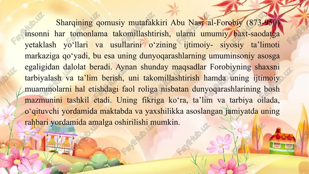 ning pedagogik tizimi o‘sib kelayotgan avlodni insoniylik, tinchliksevarlik, tenglik va birodarlik ruhida tarbiyalash g’oyalari bilan yo‘g’rilgan. yan komenskiyning pedagogik merosi ulkan va ko‘p qirralidir. olimning chop etilgan falsafiy va pedagogik asarlari uning tarixiy ahamiyatini belgilab berdi. «onalar maktabi»da qayd etilgan bolani dastlab oilada tarbiyalash va rivojlantirish g’oyalari bugungi kunda ham o‘z dolzarbligini yo‘qotmagan. k.d.ushinskiy bolalarga ona tilini birlamchi o‘rgatish asoschisi. rus pedagogi k.d.ushinskiy (1824-1870) rus burjua-demokratik pedagogikasi, xususan, maktabgacha pedagogikaning asoschisi hisoblanadi. u bolalarni maktabgacha tarbiyalash nazariyasi va amaliyoti masalalarini boshlang’ich ta’lim muammosi bilan bog’lagan. ushinskiy pedagogika tizimining asosiy yetakchi g’oyasi xalqona tarbiya g’oyasi hisoblanadi, bunda u har bir xalqning u yashaydigan va mehnat qiladigan tarixiy, tabiiy shart-sharoitlari bilan bog’liq bo‘lgan o‘ziga xosligini tushunadi. ushinskiy ona tili - xalqonalikning eng yaxshi ifodasi deb tan olgan hamda ta’lim va tarbiya ishida ona tili asosiy o‘rinni egallashi lozim, deb hisoblagan. k.d.ushinskiy ona tilini birlamchi o‘qitishning uchta asosiy maqsadlarini shakllantirgan: 1.so‘z imkoniyatlarini rivojlantirish; …