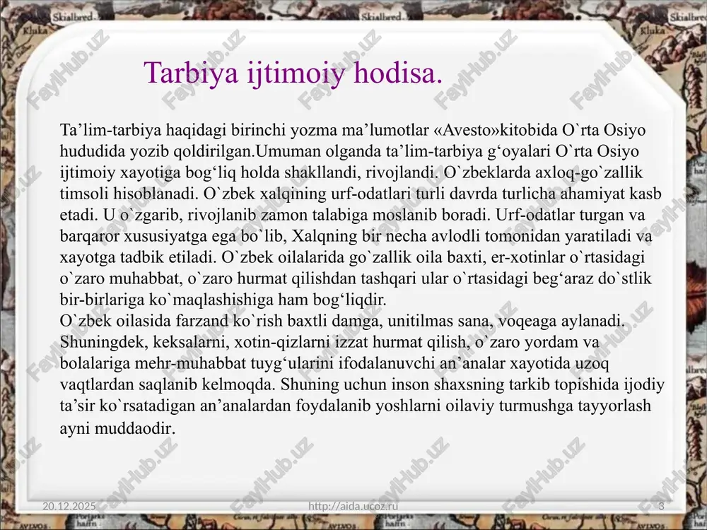 o`stlik, mehr-shafqatlilik, odamgarchilik, ota-onaga hurmat, aka-uka, opa-singil, qarindosh-urug‘lar o`rtasidagi mehr oqibatlilik, peshona terisi evaziga topilgan rizq-nasibaga qanoat qilib yashash, oila, bola-chaqaga vafo sadoqatlilik, lafz xalollik, xojatbarorlik, yetim-yesir, beva-bechoralarga muruvvatlilik xalqimizga xos odatdir. ajdodlarimiz xalolu-pok, kishi haqidan xazar qiluvchi, vujudlari xalollik bilan yo`g‘rilgan kishilar bo`lgan. ular bu odatlarimiz farzandlari, nabirilari yon-atrofdagi yosh yalanglarga ham ustalik bilan singdira olganliklarini bilamiz. o`zbek xalqi o`zining ruxiy qiyofasi, milliy xususiyati, milliy xulq-atvori, milliy tuyg‘usi, mijozi, didi, ta’bi bilan boshqa millatlardan ajralib turadi. o`zbekm millatining sezgisi, idroki, xotirasi, tafakkuri saloxiyatning ma’lum yo`nalishiga qaratilganligi, extiyoji va qiziqishi, milliy ongi o`ziga xos betakror xususiyatga ega. milliy ruxiyatning tarkibiy qismlari nimalardan iborat milliy xususiyat-muayyan millat fazilatlarining o`ziga xos xislarlari majmuasidan iborat. milliy xususiyat o`z ichiga irodaviy sifatlar (mustaqillik, intizomlilik, samimiylik, xaqqoniylik. insonparvarlik va x.k.) qamrab oladi. 7 tarbiya o`z o`zini tarbiyalash va qayta tarbiyalsh. bolada o`z-o`zini tarbiyalashga ehtiyoj, ya’ni kishida o`z ustida ongli, batartib ishlashga ehtiyoj paydo bo`lgandagina tarbiya …