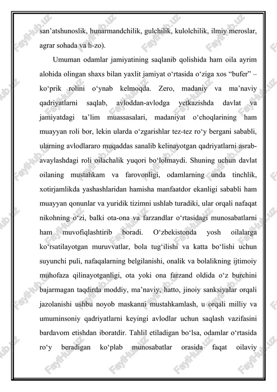 bekasi bo‘lsa, turmush o‘rtog‘ining ehtiyojlarini, qolaversa, u yoki bu korxonadagi rentabellikning oshishi, iqtisodiy ko‘rsatkichlarning yuqori bo‘lishiga, shu orqali o‘z vatanida ushbu sohaning rivojlanishiga hissa qo‘shadi. oilaning ijtimoiy funksiyalari oila psixologiyasiga oid ilmiy adabiyotlarda oilaning quyidagi funksiyalari – jamiyat oldidagi vazifalari farqlanadi: oilaning hissiy-emotsional funksiyasi – bu uning o‘z a’zolari o‘rtasida muayyan iliq munosabatlarni saqlash, ular o‘rtasida mehr-oqibat, o‘zaro g‘amxo‘rlik, bir-birini qo‘llab-quvvatlash, sevish, sevilish kabi qobiliyatini namoyon etishidir. bu oila uchun juda muhim bo‘lib, insonning ruhiy salomatligi aynan shu vazifani qanday bajarayotganligiga bog‘liqdir. oilaning ma’naviy-psixologik muhiti sog‘lom deganda, aslida ana shu a’zolar o‘rtasidagi iliqlik, samimiyat, o‘zaro bag‘rikenglikning mavjudligi, mehr-oqibat kabi insoniy hissiyotlarning ijobiyligi tushuniladi. jismoniy quvvatni ta’minlash funksiyasi – oila a’zolarining jismonan sog‘, tetik va o‘zini yaxshi his qilishlarini ta’minlashga bog‘liq bo‘lgan sharoitlarni nazarda tutadi, masalan, har birimiz oilada boshpanamizga egamiz, bundan tashqari, mana shu o‘z hududimizda, ya’ni, xonadonimizda dam olish, yaxshi sifatli, to‘yimli taomlardan bahramand bo‘lish, ijod qilish va o‘qishimiz …