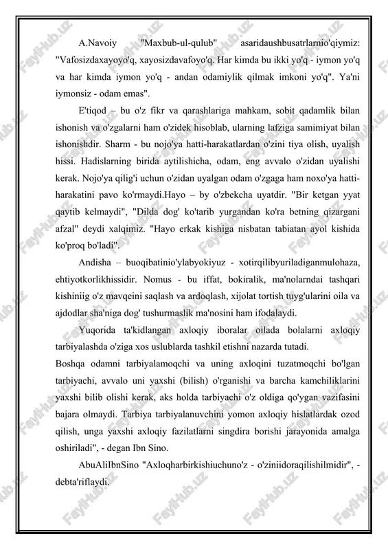ik" asarida "kimningodobiyaxshivaaxloqito'g'ribo'lsa, ukishio'zmaqsadigaetadivabaxtungakulibboqadi", yaxshiaxloq - jamiyatning, yaxshiliklarningzaminidir", degan. "halol, haqgo'y, axloq - odobli kishi har qanday qimmatbaho narsadan ham qimmatlirokdir", - degan. mashhypruspedagogikk.d.ushinskiy "tarbiyaningasosiyvazifasiaxloqiyjihatdaita'siretishdaniboratdir. bu aqlni umuman o'stirish, uni bilimlar bilan to'ldiridan ko'ra muhimdir", deb izohlagan. m.qoshg'ariy "devonulug'atiturk" asaridaolg'ilmendannasihat, o'g'lim, ilmuadabo'rgangin, bo'libbilimliulug' xalqichidaboshqachailmuadabo'rgatgin, debxitobqilgan. bilimma'rifatyaxshiaxloqbilanbezanmog'ilozim, debta'kidlaydia.n.forobiy. haqiqiyinsoniyaxloqnio'zidabarqarorqilganyaxshikishilaryoshlargayaxshita'sirko'rsatadivaularnimehr-shavqatli, sofdilvamaqbulbo'libtarbiyalanishiuchunzaminhozirlaydi (3-bet) debta'kidlanagana.avloniy. 16.2. maktabda axloq tarbiyasining maqsad va vazifalari hamda yo'nalishlari o'quvchilarning axloqiy tarbiyasi maktabning etakchi vazifalaridan biridir. axloq tarbiyaning mohiyati o'quvchilarda axloqiy - ongni, odob tuyg'ularini; xulq - atvor ko'nikmalari va odobini shakllantirishdan iborat. shaxsning axloqiy kamoloti faoliyat jarayonida ro'y beradi. chunki har qanday faoliyatning axloqiy jihati bo'ladi. maktab o'quvchilari faoliyat jarayonida o'zlashtirilgan axloqiy normalar va talablar asosiga quriladigan va axloqiy prinsiplar bilan yo'lga solib turiladigan axloqiy muomalaga jalb qiladilar. axloq bizning hayotimizga va ongimizga faol tasir etadi, kishilik jamiyati nomidan yaxshilik bilan yomonlik, adolat bilan adolatsizlik, mehr bilan zulm o'rtasidagi va insoniy munosabatlardagi maqbul va nomaqbul, man etilmaydigan va …