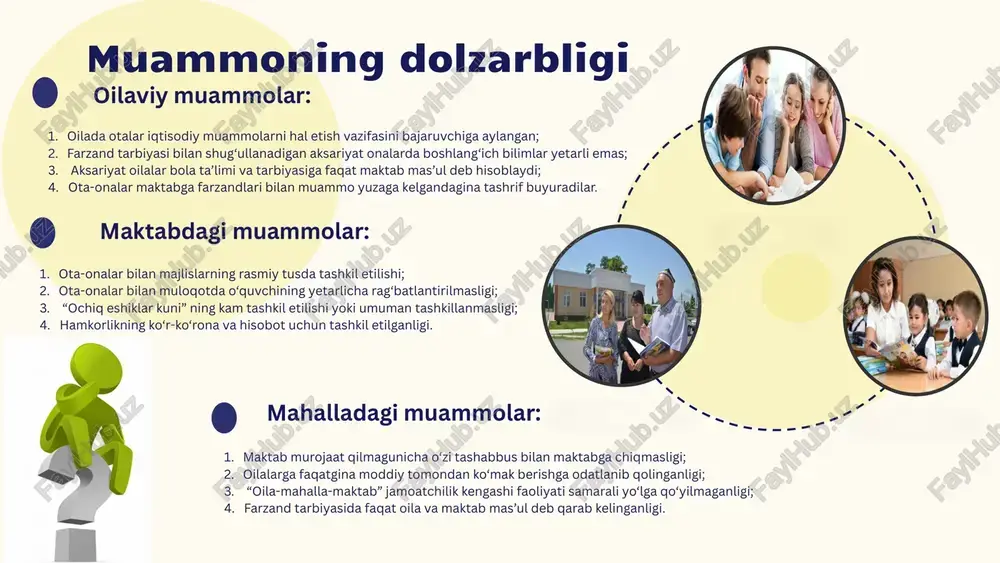 liyotga tatbiq etish faoliyat olib borayotgan ta’lim maskanimda har bir o‘quvchining yetuk shaxs, komil inson, vatan ravnaqiga hissa qo’shadigan, xalq manfaatlari yo‘lida sidqidildan xizmat qiladigan fidoiy kadr bo‘lib yetishishida nafaqat maktab, balki oilasi hamda u yashab turgan mahallaning birday harakat qilishiga erishish. o‘quv amaliyoti davrida amaliyot o‘tgan maktablarimda oila-mahalla-maktab hamkorligi doirasida amalga oshirilgan ishlardan o‘zim ushun maqbul deb topganlarimni kelgusi faoliyatimda qo‘llash. shular asosida ta’lim sifatini oshirishga xizmat qilish, o‘quvchilar tarbiyasida oila va mahalla kabi muhim shaxs va jamoa sifatida ishtirok etish. 6 01. 02. 03. 04. muammoga yechim topishda, eng avvalo, hamkorlik jarayoni ishtirokchilarining har birlari uchun vazifalar taqsimoti ishlab chiqish maqsadga muvofiq. chunki vazifalar umumiy belgilangan taqdirda nazoratni aynan kimdan so‘rab olish muammosi vujudga kelishi bilan bir qatorda mas’uliyat hissining kamayib borishi xavfi vujudga kelishi mumkin. vazifalar: avvalambor, oilada sog‘lom muhitni rivojlantirish, bir-birlariga g‘amxo‘r bo‘lish, farzandlarga dunyoviy bilimlar berish, ma’naviyatli inson bo‘lib yetishishiga intilish bolalarni mustaqil fikrlashga o‘rgatish …