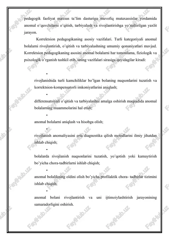 ahamiyatga ega. anomal bolaning rivojlanishi normal boladan ko’ra ko’proq darajada o’qitishga bog’liq. shuning uchun anomal bolalar o’qitilmasa yoki o’qitish kech boshlansa uning rivojlanishiga jiddiy zarar etkaziladi. psixik funktsiyalarning shakllanishi ortda qoladi, normal tengdoshlaridan ortda qolishi darajasi oshadi, nuqsonlar o’ta jiddiy bo’lsa aqliy rivojlanishi imkoniyatlari yuzaga chiqmay qolishi mumkin. maxsus didaktikaning markaziy muammosi mehnat ta’limi va tarbiyasini tashkil etish masalasi hisoblanadi. maxsus maktablarda uni tashkil etish alohida ahamiyatga ega. binobarin, ushbu jarayonda o’quvchilar ijtimoiy hayot, shuningdek, imkoniyat darajasida kasbiy faoliyatga tayyorlash buzilgan funktsiyalarini tiklash, shuningdek, aqliy va jismoniy rivojlanish nuqsonlarining darajasini pasaytirishga yordam beradi. anomal bolalarni tarbiyalash — korrektsion pedagogikaning asosiy tushunchasi bo’lib, uning maqsad va vazifasi nuqsonning darajasi va tuzilishiga mos keladigan metod hamda vositalar yordamida anomal bolalarni faol ijtimoiy hayot va mehnatga tayyorlash, ularda fuqarolik sifatlarini shakllantirishdan iborat. anomal bolalarni tarbiyalash oila va ta’lim muassasasi o’rtasidagi yaqin aloqa, bir-birlarifii qo’llab- quvvatlash, bir-biriga yordam ko’rsatish, talabchanlik hamda oqilona mehribonlik asosida …