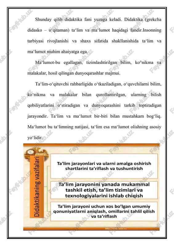a‘limning izchilligi va shu kabi muammolarda tadqiqot ishlari olib bormoqdalar. didaktika ikkiga bo‘linadi:umumiy didaktika va xususiy didaktika. umumiy didaktika maktablarda o‘rganiladigan barcha predmetlarga xos bo‘lgan uquv jarayonining umumiy qonuniyatlari tekshiriladi va belgilanadi. xususiy didaktikada esa u yoki bu predmetni o‘rgatishga xos bo‘lgan didaktik qonuniyatlar tekshiriladi va belgilanadi. didaktika pedagogika fanlari sirasiga kirgani uchun ham ta‘lim sohasini tadqiq etishda pedagogik ilmiy-tekshirish metodlaridan foydalaniladi. 1.kuzatish. 2.ilg‘or pedagogik tajribani o‘rganish va umumlashtirish. 3.didaktik eksprement. 4.hujjat va arxiv materiallarini tekshirish (dars planlari, sinf jurnallari va h.) va o‘quvchilar ishlari (insho, kontrol, grafik ishlar, o‘quv ustaxonasida bajarilgan ishlar). 5.suhbat va anketa. mustaqil o‘zbekistonda didaktika rivojlanishining hozirgi etapi «kadrlar tayyorlash milliy dasturi» ta‘lim oldiga qo‘ygan muammolar bilan bog‘liq. hozirgi davrda ham didaktikaning muhim vazifasi ta‘limning mazmunini bir asosiy masalaa barkamol shaxsni tarbiyalash masalasiga qaratish bo‘lib qoldi. shuning bilan birga hozirgi va kelgusi didaktika faqatgina shu masalani bajarish bilangina cheklanib qolmaydi. hozirgi kunda «kadrlar tayyorlash milliy dasturi» …
