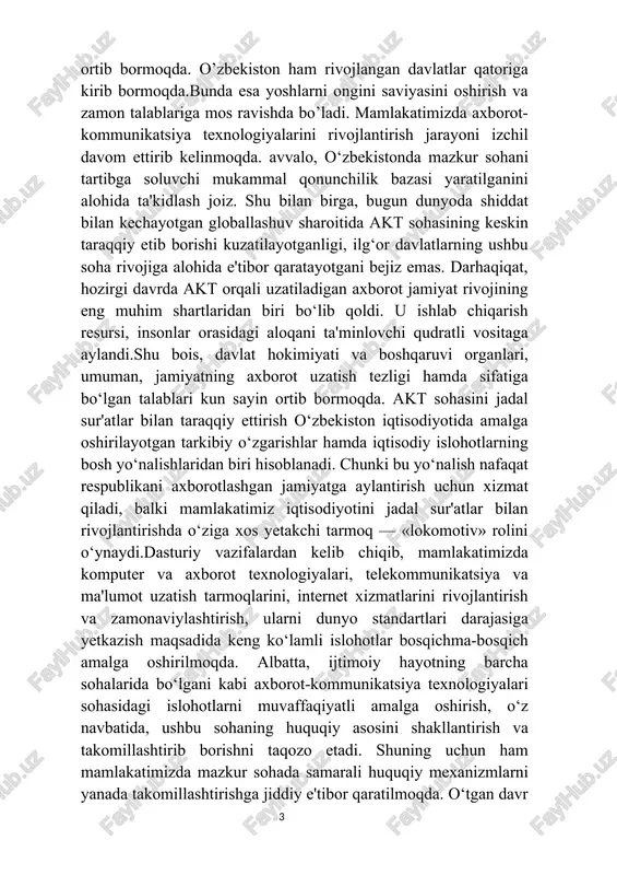 da o‘ziga xos yetakchi tarmoq — «lokomotiv» rolini o‘ynaydi.dasturiy vazifalardan kelib chiqib, mamlakatimizda komputer va axborot texnologiyalari, telekommunikatsiya va ma'lumot uzatish tarmoqlarini, internet xizmatlarini rivojlantirish va zamonaviylashtirish, ularni dunyo standartlari darajasiga yetkazish maqsadida keng ko‘lamli islohotlar bosqichma-bosqich amalga oshirilmoqda. albatta, ijtimoiy hayotning barcha sohalarida bo‘lgani kabi axborot-kommunikatsiya texnologiyalari sohasidagi islohotlarni muvaffaqiyatli amalga oshirish, o‘z navbatida, ushbu sohaning huquqiy asosini shakllantirish va takomillashtirib borishni taqozo etadi. shuning uchun ham mamlakatimizda mazkur sohada samarali huquqiy mexanizmlarni yanada takomillashtirishga jiddiy e'tibor qaratilmoqda. o‘tgan davr mobaynida sohani yanada rivojlantirishga qaratilgan 11ta qonun, o‘zbekiston respublikasi prezidentining 3ta farmoni chiqarilgan .bu qarorlar dorixonalar farmaseftik kampanyalarga juda ko’p qulayliklar yaratdi va dorixonalarning ko’payishiga olib keldi bundan tashqari dorilarning turlari ko’payib dorilar narxlarining tushishiga olib keldi dorixonalar o‘z faoliyatida amaldagi qonunchilikka va mazkur nizomga amal qiladi. dorixonalarning asosiy vazifasi aholini ro‘yxatga kiritilgan dorixona assortimentidagi dori vositalari va tibbiy buyumlar, boshqa turdagi dori vositalari va tibbiy buyumlar bilan ta’minlash, …