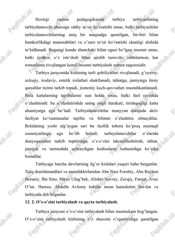 bo’lgan idealni aniq tushungan holda o’zidagi ijobiy sifatlarni va mavjud kamchiliklarni ko’ra olishi muhim axamiyatga ega. o’qituvchi va tarbiyachilar, shuningdek ota-onalar bolalarni kichik yoshdan boshlab o’zini o’zi eplash, tuta bilish, odamlar bilan qay yo’sinda muomala qilish, rost so’zlash, kattalarga hurmatda bo’lish, o’zidan kichiklarga mehribonlik ko’rsatish kabilarga o’rgatib, odatlantirib borishlari lozim. bola o’zini-o’zi tarbiyalamasa, aql-farosatini ishga solmasa, tarbiyadan ko’zlangan natijaga erishib bo’lmaydi. har bir bola o’zining xulq-atvoriga talabchan bo’lishi va o’zida eng yaxshi insoniy fazilatlarning tarkib topishi uchun astoydil tirishmog’i lozim. demak, o’z-o’zini tarbiyalash jarayoni –bilish, istak, bajara olish va harakat qilishdan iborat. o’z-o’ziga, o’z ishiga tanqidiy munosabatda bo’lish o’z-o’zini axloqiy tarbiyalash jarayonida zarur xislatlardan biridir. bunday xislat o’z-o’zini tarbiyalash uchun kishiga o’z kamchiliklarini aniqlash, ularni bartaraf etish maqsadini o’z oldiga quyishga imkon yaratadi. kishi o’ziga, o’z xulqi, xatti-harakatlariga nisbatan tanqidiy ko’z bilan qaramasa, o’z-o’zini tarbiyalab bo’lmaydi. shuning uchun kishida bunday xislatlarni yoshlikdan tarbiyalab o’stirish maqsadga muvofiq. o’z-o’zini tarbiyalash bolaning doimiy …