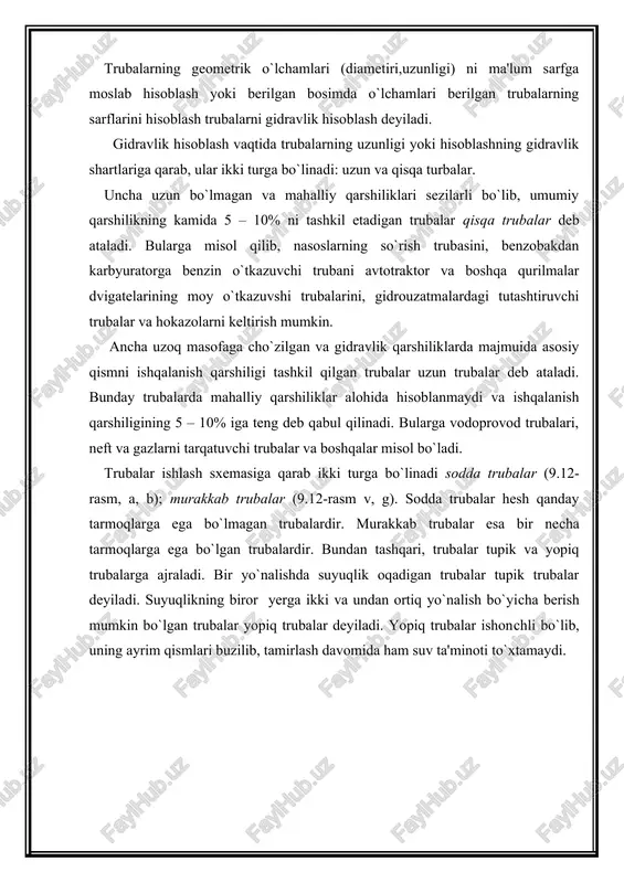 mahsus jadvallardan olinadi. bazi umumlashgan parametrlar bir oz boshqasharoq ko`rinishda olinadi. bu holda mahalliy qarshilikni ekvivalent uzunlik bilan almashtirsak hosil bo`ladi. oxirgi tenglikka belgilashni kiritamiz va uni trubaning sarf xarakteristikasi deb ataymiz. u holda bu belgilashdan ko`rinib turibdiki a2 ning turli hollardagi miqdori ham al va am kabi jadvallardan olinadi. yuqorida ko`rganimizdek ekanligini hisobga olsak, (9.4) dan prof. b.a. baxmetov formulasini olamiz uzun trubalar ushun bosimning pasayishi osonroq hisoblanadi va ushbu ko`rinish​da yoziladi: yoki ko`p hollarda trubalarni hisoblash formulasi quyidagi ko`rinishda ifodalanadi: va k ni sarf koeffisienti deb ataladi. (9.5) va (9.4) bilan solishtirsak, sarf koeffisiyenti ushun ushbu munosabatni olamiz: uzun trubalar ushun esa (9.5) formulani boshqasha ham yozish mumkin: bu holda bo`ladi. suyuqlik kvadratik qonunga bo`ysunganda λ va ζ rey-nolds soniga bog`liq bo`lmagani ushun yuqorida aytganimizdek k2 va av lar ushun trubaning diametri va g`adir-budirligiga qarab jadval ko`rinishida ifodalanadi, am esa bu jadvalda faqat diametrga bog`liq. laminar soha ushun …