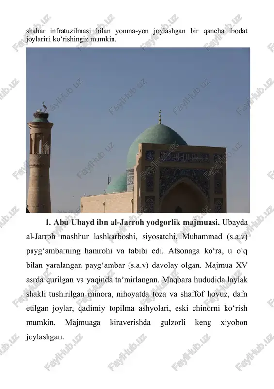 ori, xiv asrda qurilgan. mintaqaning iqlimi ancha qurg‘oqchil bo‘lganligi sababli, tuzilma yomg‘ir suvini to‘plash imkonini bergan. sardoba xx asr boshlariga qadar faoliyat yuritgan, hozirda esa foydalanilmay kelayotganligi sababli ichkariga kirishingiz va tarixni o‘z ko‘zingiz bilan ko‘rishingiz mumkin. binoning ichki qismida ajoyib akustika, shuningdek, suv olish uchun teshikdan g‘ayrioddiy yog‘och bo‘lagi bor. 8. qarshi hammomlari. shaharning eng qiziqarli obyekti - o‘rta asr hammomlari. ularning qurilishi xvi asrga to‘g‘ri keladi. oqsoqollarning aytishicha, vannalar shunday yaratilganki, issiqlik bitta kichik pech orqali saqlanadi. ichkarida va tashqarisida hammomlar juda g‘ayrioddiy ko‘rinadi, bu esa chinakam qiziqish uyg‘otadi. qarshi juda maftunkor shahar. qadimiy me’morchilik, go‘zal ko‘chalar, shahar markazidagi favvoralar, mehmondo‘st aholisi, lazzatli dasturxon barchani o‘ziga tortadi. ushbu ajoyib shaharni ko‘rish kerak bo‘lgan joylar ro‘yxatiga kiritib qo‘ying. image4.jpeg image5.jpeg image6.jpeg image7.jpeg image8.png image9.png image1.png image2.jpeg image3.jpeg © asian @@ technology @@@ university