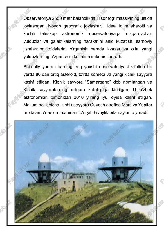 n 4 ta, 50 sm dan boʻlgan 3 ta teleskoplar ham oʻrnatilgan. rasadxonada galaktikamiz shimoliy qutbi sohalarida va quyosh sistemasi atrofidagi tumanliklarda joylashgan oʻzgaruvchan yulduzlar fotometriyasi maʼlumotlari toʻplanadi, yulduzlar yorqinligining kuchsiz oʻzgarishlari fotometrik effektlari topildi. ushbu fotometriya natijasidan foydalanib dunyoda muhim boʻlgan rangli fotometriya banki barpo etildi. rasadxonada koinotning eng uzoq, chekkalarida joylashgan noyob obʼyektlar — gravitatsion linzalar, kvazarlar va faol yadroli galaktikalarni tadqiq etish boʻyicha izlanishlar olib boriladi. u kitob baland togʻli astronomik rasadxonalar majmuasining tarkibiy boʻlinmalaridan biridir. yulduzlarning atmosfera tasvirlarining yuqori sifati va rasadxonada tungi vaqtda ko'plab kuzatuv dasturlarini samarali amalga oshirish imkonini beradi. faktlar: · maydanak baland tog'li rasadxonasi shimoliy yarim shardagi eng yaxshi astronomik ob'ektlardan biri va eng yaxshisi. · observatoriya 4 ta kometani topdi · maydanak rasadxonasi olimlari tomonidan topilgan 80 dan ortiq asteroidlar · 2007 yilda rasadxona yangi kichik sayyora "samakand"ni kashf etdi. · rasadxona quyosh tuzilishini geliseysmologik tadqiq qiladi · mdhda birinchi astrovideo …