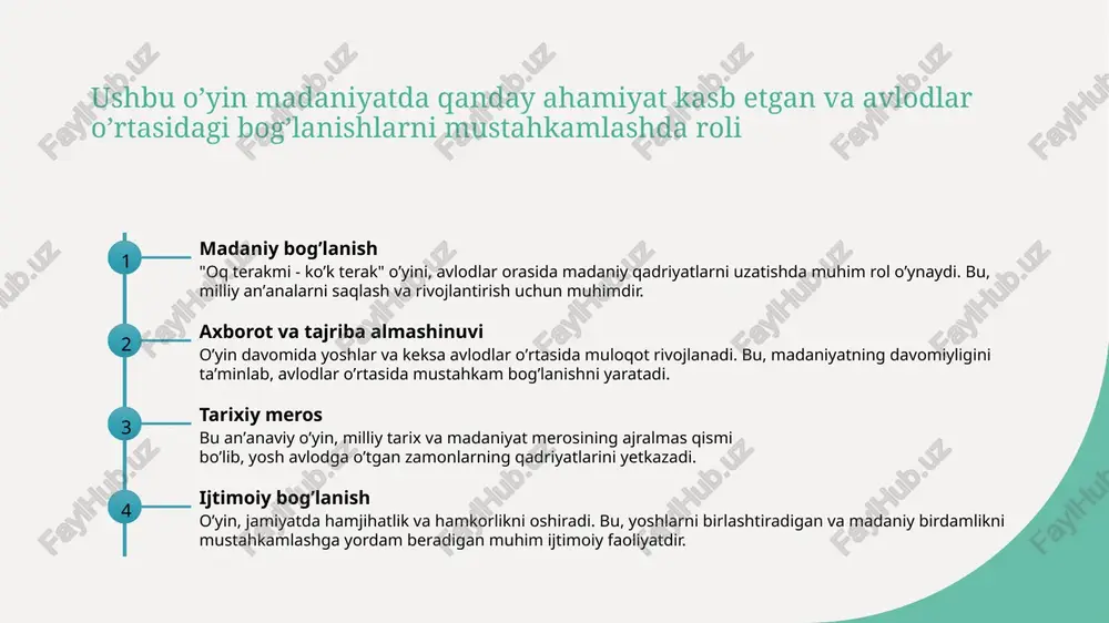 ʼanaviy oʼyin yoshlar va bolalar uchun sogʼlom turmush tarzini shakllantiradi, jismoniy faoliyatni oshiradi va jamiyatda ijtimoiy bogʼlanishni mustahkamlaydi. 3 zamonaviy jamiyatda anʼanaviy oʼyinlarning roli "oq terakmi - koʼk terak" oʼyini yoshlarni jismoniy tarbiya va madaniyatga bogʼlashda muhim vosita boʼlib, madaniyat va sportni birlashtiradi va rivojlantiradi. foydalanilgan adabiyotlar 1. islomov, s. o'q terakmi va ko'k terak o'yinining tarixi. toshkent davlat universiteti, 2018. 2. qodirov, a. o'yin qoidalari va usullari. o'zbekiston sport va o'yinlar akademiyasi, 2020. 3. rahimov, d. o'yinning sog'lom turmush va jamoaviylikka ta'siri. sport va sog'liq jurnali, 2021. 4. yusupov, m. ko'k terak o'yini va madaniy ahamiyati. o'zbekistan tarixi va madaniyati nashriyoti, 2019. 5. tursunov, s. o'q terakmi va ko'k terak o'yinining rivojlanishi. sport tarixi konferensiyasi materiallari, 2022. image1.jpg image2.jpg image3.png image4.jpg image5.jpg @@ terakmi, ko‘k terak’ ot ce trane pk tof a /docprops/thumbnail.jpeg (0 q terakani -ko'k terak o'yink boe a teran’