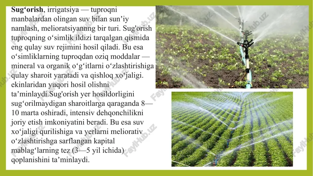 havzasida jami yillik hajmi 105 mlrd. m³ boʻlgan umumiy oqimning 95 mlrd. m³ suvi sta sarflanmoqda. bu esa suv resurslarini toʻldirish va sugʻorish sistemasining barcha boʻgʻinlarida suvni tejashni taqozo qiladi. suv resurslarini toʻldirish asosan suvni havzalararo qayta taqsimlash (amubuxoro, amuqorakoʻl, qoraqum va boshqa kanallar), oqova va shoʻrlangan drenaj suvlaridan qayta foydalanish hisobiga amalga oshirilmoqda. sug’orish usullari va turlari. sug’orish tuproqqa meʼyorlangan (belgilangan) miqdorda suv berishini taʼminlaydigan, gidrotexnika qoidalariga asoslangan texnikaviy, agrotexnik va tashkiliyxoʻjalik tadbirlari majmuidan iborat. sug’orish oʻtkaziladigan vaqtiga qarab muntazam va davriy turlarga boʻlinadi. sug’orish maqsadiga qarab ehtiyot (yaxob), shoʻr yuvish, vegetatsion, oziqlantiruvchi (sharbat) va boshqa turga boʻlinadi. ayrim hollarda bir turdagi sug’orish bir qancha maqsadlarda oʻtkazilish mumkin. qadimdan maʼlum boʻlgan oqizib suv berish usullari (bostirib, taxtalarga boʻlib, egatlar olib) asta-sekin takomillashib sug’orishning yomgʻirlatib sug’orish, tomchilatib sugʻorish va tuproq ostidan suyurish, aerozol usulida sugʻorish singari takomillashgan usullar yaratildi. iqlim quruq boʻlgan oʻrta osiyoda ekinlar koʻp miqdorda suv talab qiladi, …
