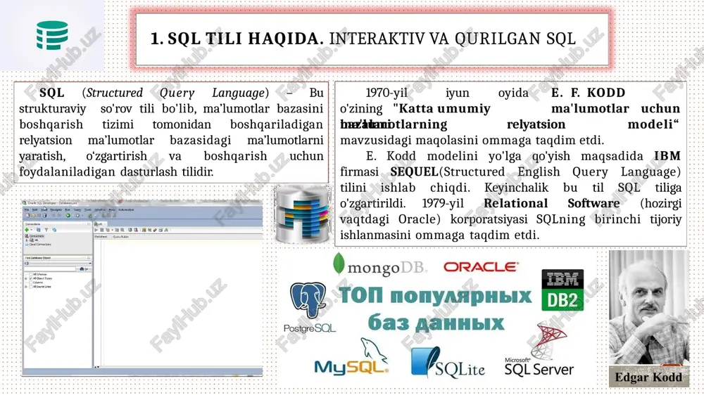o'zgaruvchan uzunlikdagi ikkilik ma'lumotlarni saqlaydi 2. taxminiy sonli ma’lumotlar turi t/ r ma'lumotlar turi tavsif diapazon 1 float float qiymatlarini saqlaydi. -1,79e+308 dan 1,79e+308 gacha 2 real haqiqiy raqamli qiymatlarni saqlaydi. -3.40e+38 dan 3.40e+38 gacha 2. sql tilida ma’lumotlar toifalari va ular bilan ishlash 3. aniq raqamli ma'lumotlar turi 4. belgilar va string ma'lumotlar turlari t/r ma'lumotlar turi tavsif 1 char maksimal sig'imi 8000 belgidan iborat bo'lgan katta uzunlikdagi belgilarni saqlaydi. 2 varchar maksimal sig'imi 8000 ta belgidan iborat bo'lgan o'zgaruvchan uzunlikdagi unicode bo'lmagan belgilarni saqlaydi. 3 varchar (max) maksimal sig‘imi 231 ta belgidan iborat bo‘lgan o‘zgaruvchan uzunlikdagi unicode bo‘lmagan belgilarni o‘z ichiga oladi. 4 ntext maksimal sig'imi 2 147 483 647 belgidan iborat bo'lgan o'zgaruvchan uzunlikdagi unicode bo'lmagan ma'lumotlarni saqlaydi. 5. unicode belgilar ma'lumotlar turi t/r ma'lumotlar turi tavsif 1 nchar maksimal sig'imi 4000 belgidan iborat bo'lgan unicode qattiq uzunlikdagi belgilarni saqlaydi.. 2 nvarchar maksimal sig‘imi 4000 ta belgidan …