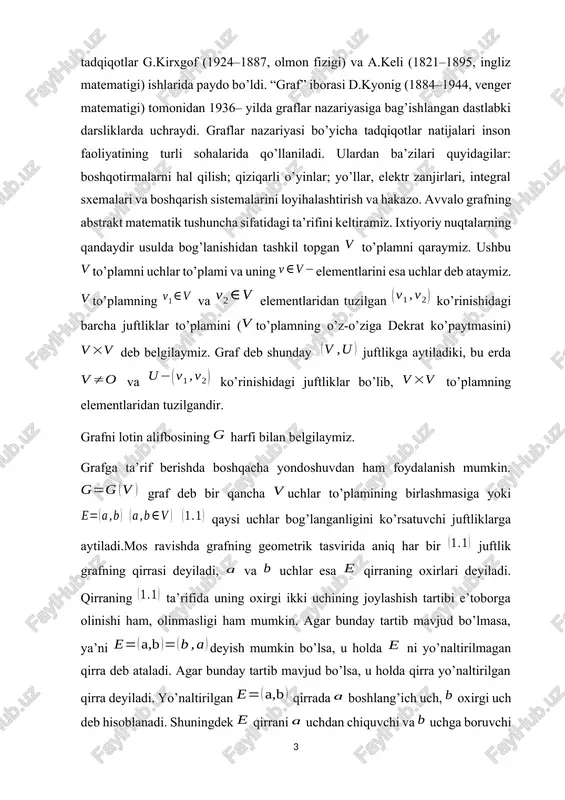 xirgi uch deb hisoblanadi. shuningdek qirrani uchdan chiquvchi va uchga boruvchi qirra deyiladi. qirra yo’naltirilgan bo’lgan holda ham, yo’naltirilmagan holda ham qirra va uchlarga intsidient deb ataladi. grafni yo’naltirilmagan deyiladi, agar uning barcha qirralari yo’naltirilmagan bo’lsa (1.1.a–rasm), yo’naltirilgan deyiladi agar barcha qirralari yo’naltiriligan bo’lsa (1.1.b– rasm). 1.1.a–rasm 1.1.b–rasm. ham yo’naltirilgan, ham yo’naltirilmagan qirralarga ega bo’lgan graf aralash graf deyiladi. misol sifatida, shaxarning xaritasini graf sifatida olsak, unda ko’chalarni qirra deb, chorrahalarni esa uchlar sifatida olish mumkin. bunda faqat bir tomonlama harakat mavjud ko’chalarni yo’nalishga ega qirra deb olsak, u holda ikki tomonlama harakat mavjud ko’chalarni hech qanday yo’nalish orqali belgilab bo’lmaydi. hech bir qirraga intsidient bo’lmagan uch yakkalangan uch deyiladi. agar grafning ikkita uchini tutashtiruvchi qirra bor bo’lsa, u holda bunday uchlar qo’shni uchlar deyiladi, aks holda esa qo’shni bo’lmagan uchlar deyiladi.faqat yakkalangan uchlardan tashkil topgan grafni nol graf deyiladi va orqali belgilanadi. ikkita chetki ya’ni boshlang’ich va oxirgi qirralari …