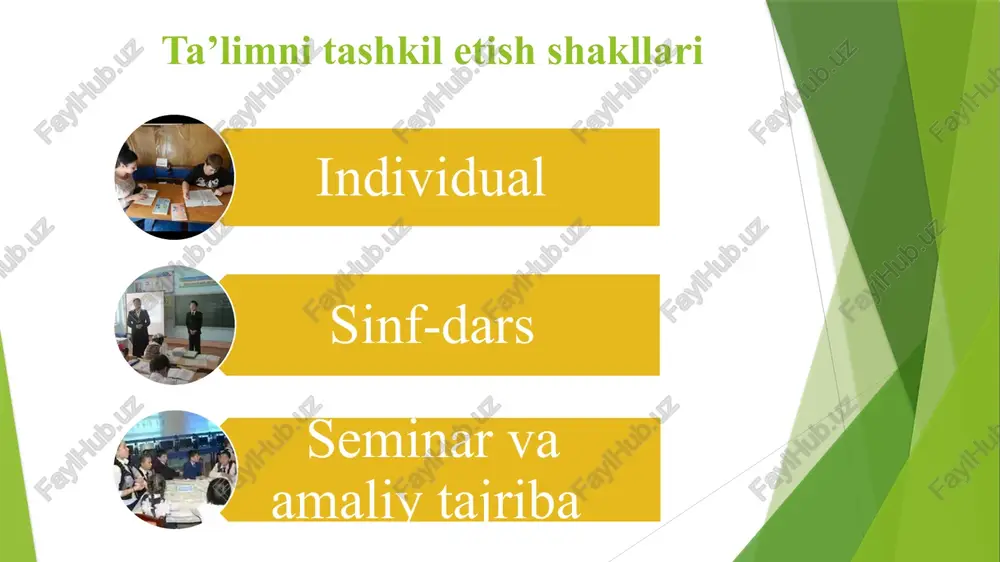 i. ya’ni, bu jarayonda o’quvchilar o’qigan va o’zlashtirgan ma’lumotlarini amalda tadbiq etishadi. hozirgi kunda o’quv muassasalarida ushbu uuldan keng foydalanilmoqda. ko’proq talaba va o’quvchilarning o’zlarinini o’qishga va izlanishga undab, uni amalda dars jarayonida namoyon etishini talab qilgan holda yaxshi natijalarga erishilmoqda. chunki shu narsa ma’lumki, inson eshitgan narsasining 5 % ini, o’qiganining 10% ini tajribada sinab ko’rishi orqali ma’lumotning 40% ini, boshqalarni o’qitish orqali esa 90% ma’lumotni eslab qolishi mumkin ekan. shu sababli dars jarayonida o’quvchilarning mavzu yuzasidan tayyorlanib kelib, shu mavzu bo’yicha o’z sinfdosh va guruhdoshlariga dars o’tib, prezentatsiya qilib bersa, o’z bilimini ham mustahkamlab oladi. o’zbekiston respublikasida ta’lim quyidagi turlarda amalga oshiriladi. ta’lim turlari 1. maktabgacha ta’lim 2. umumiy o’rta ta’lim 3. o’rta-maxsus kasb hunar ta’lim 4. oliy ta’lim 5. oliy o’quv yurtidan keyingi ta’lim 6. kadrlar malakasini oshirish va ularni qayta tayyorlash 7. maktabdan tashqari ta’lim seminar va amaliy-tajriba ishlar shaklidagi mashg'ulotlar. seminar mashg'ulotlari o'quvchilarning mavzudagi muhim …