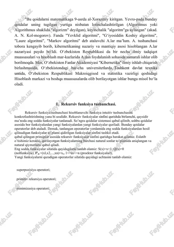 funksiya tushunchasi. rekursiv funksiya tushunchasi hisoblanuvchi funksiya intuitiv tushunchasini konkretlashtirishning yana bi usulidir. rekursiv funksiyalar sinfini qurishda birlamchi, qaysidir ma’noda eng sodda funksiyalar tanlanadi. so’ngra qoidalar sistemasi qabul qilinib, ushbu qoidalar asosida bor funksiyalardan yangi funksiyalardan yangi funksiyalar quriladi. bunday qoidalar operatorlar deb ataladi. demak, tanlangan operatorlar yordamida eng sodda funksiyalardan hosil qilinadigan funksiyalar to’plami qidirilgan funksiyalar sinfini tashkil etadi. qabul qilingan prinsiplar asosida rekursiv funksiyalar sinfini qurishga harakat qilamiz. eslatib o’tishimiz kerakki, qurilayotgan funksiyalarning barchasi natural sonlar to’plamida aniqlangan va natural qiymatlarni qabul qiladi. eng sodda funksiyalar sifatida quyidagilarni tanlab olamiz: s(x)=x+1; q(x)=0 (nolfunksiya); inm =(xl,x2,...,xn)=xm 1 banyck ~ debug - al den : toomer oas coe ~ ax 8 tlonck no nanenn aneuentos oy azi,program =] ©, main(stringfl args) | -3 4 06uyne glusing system; i+ a using system. collections .generi * g 5 using system.lings 3 ae cae using system. threading. tasks; g anement @ sty o67acte, …