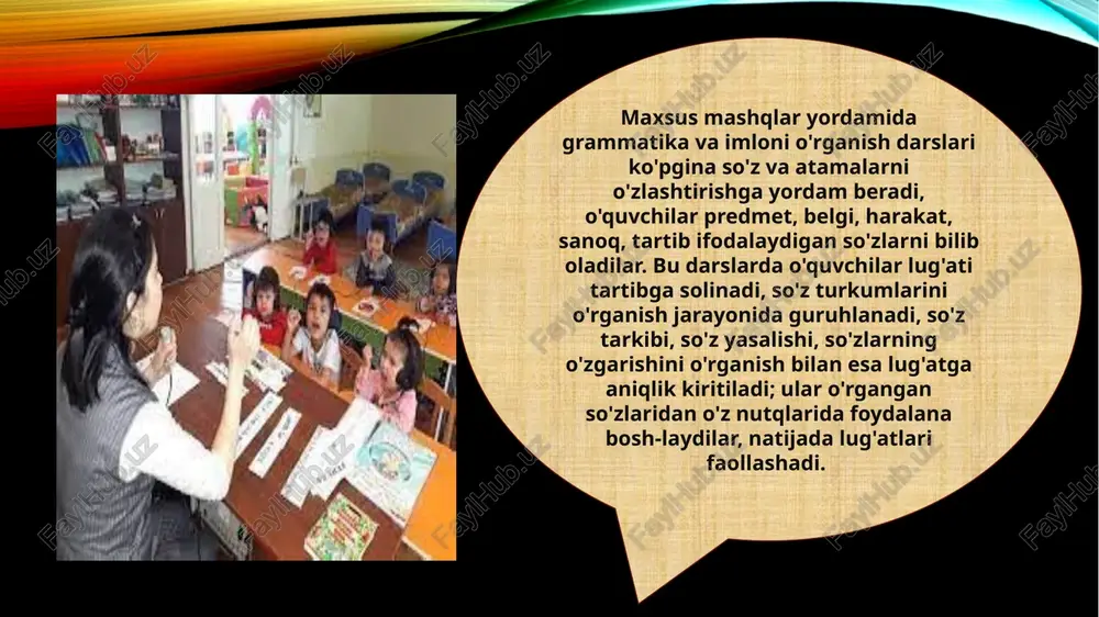 at boyligini bilib olish uchun o’quvchi o’z lug’atiga har kuni 8-10 ta yangi so’zni, shu jumladan, ona tili darslarida 4-6 so’zni qo’shishi, ya’ni shu so’zlar ma’nosini o’zlashtirishi lozim. 2. o’quvchilar lug’atiga aniqlik kiritish. bu ichiga quyidagilarni oladi: 1) o’quvchi puxta o’zlashtirmagan so’zlarning ma’nosini to’liq o’zlashtirish, ya’ni shu so’zlarni matnga kiritish, ma’nosi yaqin so’zlarga qiyoslash, antonim tanlash yo’llari bilan ularning ma’nosiga aniqlik kiritish; 2) so’zning kinoyali ma’nosini, ko’p ma’noli so’zlarni o’zlashtirish; 3) so’zlarning sinonimlarini, sinonim so’zlarning ma’no qirralarini o’zlashtirish; 4) ayrim frazeologik birliklarning ma’nosini o’zlashtirish. 3. lug’atni faollashtirish, ya’ni o’quvchilar ma’nosini tushunadigan, ammo o’z nutq faoliyatida ishlatmaydigan nofaol lug’atidagi so’zlarni faol lug’atiga o’tkazish. buning uchun shu so’zlar ishtirokida so’z birikmasi va gaplar tuziladi, ular o’qiganlarni qayta hikoyalash, suhbat, bayon va inshoda ishlatiladi. 4. adabiy tilda ishlatilmaydigan so’zlarni o’quvchilar faol lug’atidan nofaol lug’atiga o’tkazish. bunday so’zlarga bolalarning nutq muhiti ta’sirida o’zlashib qolgan adabiy til me’yoriga kirmaydigan, ayrim adabiy asar va so’zlashuv tilida …