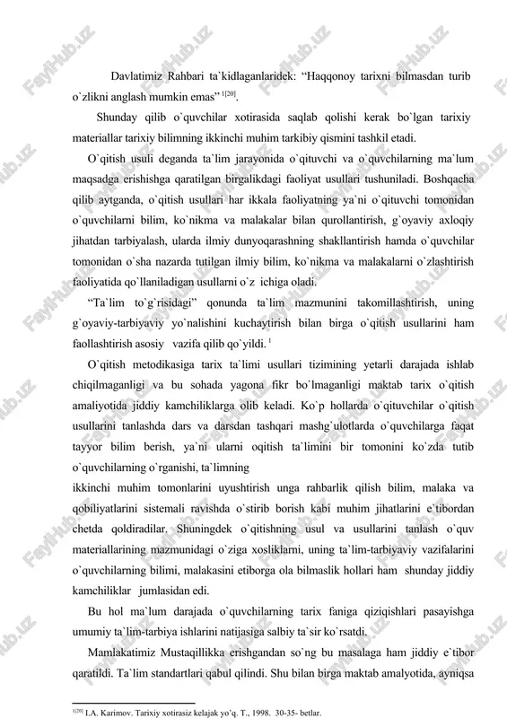 `ziga xosliklarni, uning ta`lim-tarbiyaviy vazifalarini o`quvchilarning bilimi, malakasini etiborga ola bilmaslik hollari ham shunday jiddiy kamchiliklar jumlasidan edi. bu hol ma`lum darajada o`quvchilarning tarix faniga qiziqishlari pasayishga umumiy ta`lim-tarbiya ishlarini natijasiga salbiy ta`sir ko`rsatdi. mamlakatimiz mustaqillikka erishgandan so`ng bu masalaga ham jiddiy e`tibor qaratildi. ta`lim standartlari qabul qilindi. shu bilan birga maktab amalyotida, ayniqsa keyingi yillarda o`quvchilarni tarix fani vositasida tarbiyalashda, uni o`qitishni ilmiy asosda olib borish, ta`lim tarbiya ishlari samaradorligini oshirish sohasida ko`pgina ilg`or tajribalar o`tkazildi va umumlashtirildi. tarixchi metodist olimlar g`afforov ya. g`afforova m.g ning (o`zbekiston xalqlari tarixini o`qitish usullari.t.,1996) uslubiy qo`llanmalarida o`qitish usullari yutuq va kamchiliklar batafsil ochib berilgan1. ko`rsatmalilik deganda avvalo o`qitish va o`rganishning ko`rsatmali usuli, o`qituvchi bayonining ko`rsatmali bo`lishi, uning o`quchilardagi tayyor bilimlariga suyana bilishi, o`quv materialini bayon qilish vaqtida ko`rsatmali qurollardan foydalanish va ko`rsatmali qurollar vositasida o`quvchilarning bilish faoliyatini faollashtirish hamda ularning o`rganilayotgan tarixiy faktlarni, voqea va hodisalarni aynan o`zini yoki ularning tasvirlarini ko`rish …