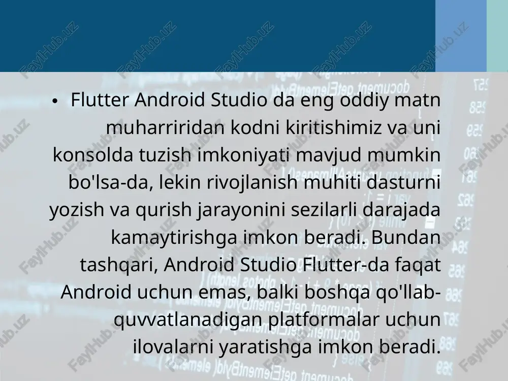 belgilanmagan ikkita holat tugmachasi. radio tugmasi belgilanmaganida, foydalanuvchi uni bosish yoki bosish orqali tekshirishi mumkin. togglebutton togglebutton foydalanuvchiga ikkita holat orasidagi sozlamani o'zgartirishga imkon beradi. togglebutton ob'ekt bilan tartibingizga asosiy o'tish tugmachasini qo'shishingiz mumkin . slayderni boshqarishni ta'minlaydigan o'chirgich deb nomlangan boshqa bir tugma tugmachasini taqdim etadi va uni switchob'ekt bilan qo'shishingiz mumkin . agar tugmachaning holatini o'zgartirish kerak bo'lsa, compoundbutton.setchecked()yoki compoundbutton.toggle()usulidan foydalanishingiz mumkin . switch switch - bu ikkita variantni tanlashi mumkin bo'lgan ikkita holatni o'zgartirish tugmachasi vidjeti. tanlangan variantni tanlash uchun imkoniyatini beradi. text view textview-eng ko'p ishlatiladigan komponentlardan biri. uning yordami bilan foydalanuvchi dasturda harakat qilish uchun qulayroqdir. matnni foydalanuvchiga ko'rsatadigan foydalanuvchi interfeysi elementi. foydalanuvchi tomonidan tahrirlanadigan matnni taqdim etish imkoniyatini beradi. quyidagi kod namunasi matn ko'rinishining tarkibini o'zgartirish uchun xml tartibi va kodi bilan berilgan: plain text edit text—elektron pochta xabarnomasida foydalanish uchun matnli shaklda taqdim etilgan ma'lumotlar formati. masalan. bunda ism, familyangizni, sharifingizni kiritish imkoniyati …
