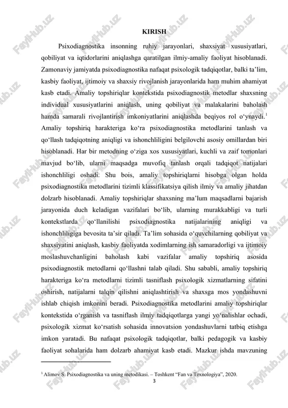 tekstlarda qo‘llanilishi psixodiagnostika natijalarining aniqligi va ishonchliligiga bevosita ta’sir qiladi. masalan, ta’lim sohasida o‘quvchilarning qobiliyat va shaxsiyatini aniqlash, kasbiy faoliyatda xodimlarning ish samaradorligi va ijtimoiy moslashuvchanligini baholash kabi vazifalar amaliy topshiriq asosida psixodiagnostik metodlarni qo‘llashni talab qiladi. amaliy topshiriq harakteriga ko‘ra psixodiagnostika metodlarini tasniflash va tizimli yondashuvni ishlab chiqish psixologik xizmatlarning samaradorligini oshirish, shaxsiy rivojlanish strategiyalarini ishlab chiqish hamda pedagogik va psixologik tavsiyalar berishda muhim rol o‘ynaydi. bu holat, ayniqsa, bugungi kunda jamiyatda individual yondashuv va shaxsga mos metodlarning dolzarbligini oshirmoqda. psixodiagnostik metodlarning amaliy topshiriqlar kontekstida samarali qo‘llanilishi ilmiy tadqiqotlarning yangi yo‘nalishlarini ochadi va psixologik xizmat ko‘rsatish sohasida innovatsion yondashuvlarni tatbiq etishga imkon yaratadi. shu sababli, mazkur kurs ishi mavzusi nafaqat ilmiy nuqtai nazardan, balki pedagogik, psixologik va kasbiy amaliyotda dolzarb va zarur mavzu sifatida qaraladi. kurs ishining ahamiyati amaliy topshiriq harakteriga ko‘ra psixodiagnostika metodikalarini o‘rganish psixologiya va pedagogika sohalarida ilmiy va amaliy jihatdan katta ahamiyatga ega. bu yondashuv psixologik …