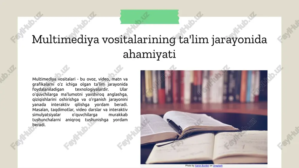 ni samarali qo'llash uchun strategiyalar. 1. o'qitishni interaktiv qilish: multimediya vositalari yordamida o'quvchilarning faol ishtirokini ta'minlash, ularni muammolarni hal qilishda jalb qilish orqali ta'lim jarayonini interaktiv qilish. 2. vizual materiallardan foydalanish: diagrammalar, grafiklar va videolar o'quvchilarning tushunishini yanada oshirish uchun qo'llanilishi mumkin, bu esa murakkab tushunchalarni osonroq anglashga yordam beradi. 3. raqamli resurslarni integratsiya qilish: o'qituvchilar raqamli kutubxonalar, onlayn kurslar va resurslarni ta'lim jarayoniga integratsiya qilish orqali o'quvchilarni kengroq bilim olish imkoniyati bilan ta'minlaydilar. 4. ta'lim jarayonini individualizatsiya qilish: o'quvchilarning qobiliyatlari va qiziqishlariga mos keladigan multimedia vositalaridan foydalanish, ta'limni individual ravishda rivojlantirishga yordam beradi. 5. o'z-o'zini ta'lim olishni rag'batlantirish: multimediya vositalari o'quvchilarga mustaqil ravishda o'rganish imkonini berib, o'z-o'zini ta'lim olishni rag'batlantiradi. animatsiyalar orqali ta'limni samarali qilish animatsiyalar ta'lim jarayonida juda muhim rol o'ynaydi. ular o'quvchilarning e'tiborini jalb qilish va murakkab tushunchalarni oddiy va tushunarli tarzda bayon etishga yordam beradi. animatsiyalar yordamida o'quvchilar ko'proq vizual ma'lumot olishadi, bu esa ularning tushunishini …