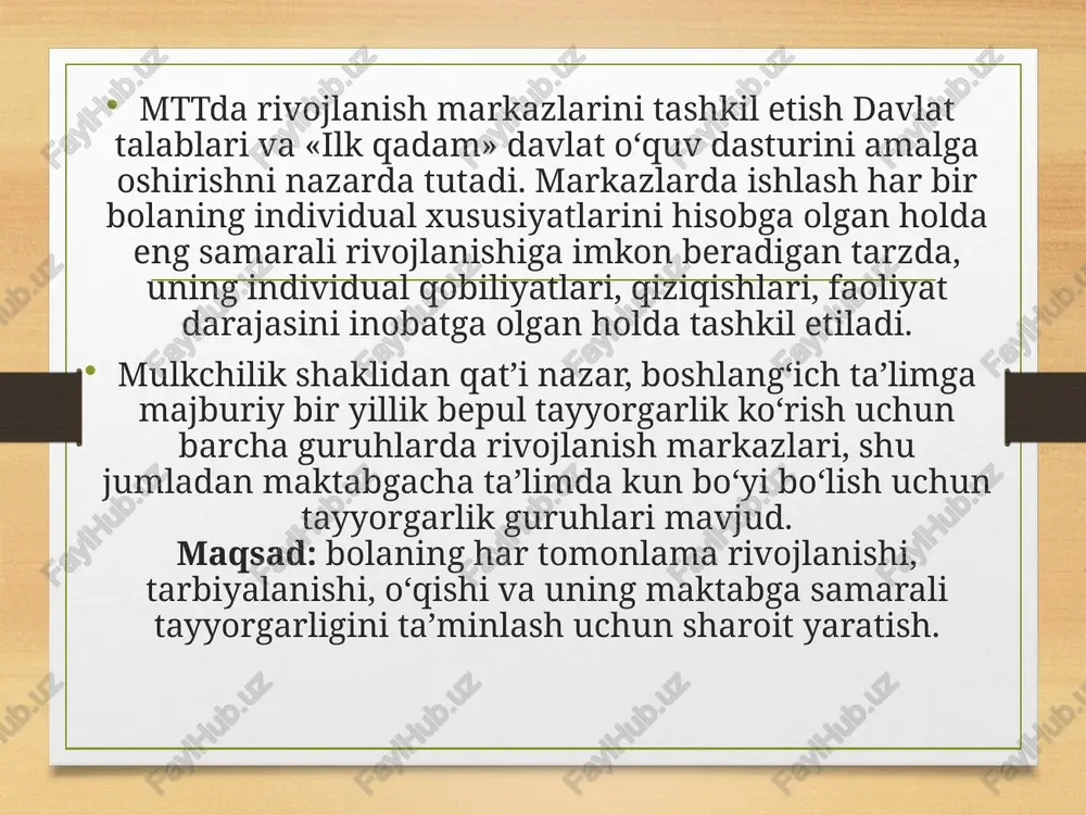to’?ri tashkil etilgan qayta aloqa bolaning o’z o’zini nazorat qilishga va yo’naltirishga, mustaqil bo’lishga undaydi maktabgacha ta’lim tizimida pedagog tomonidan ta’lim faoliyatini tashkil etishda hamda rejalashtirishda birinchi navbatda ta’limni rivojlantirish vazifasi ilgari qo’yiladi va bunda bolaning o’ziga xos xususiyatlarini inobatga olgan holda, bola shaxsiga yo’naltirilgan ta’limni tashkillashtirish, zamonaviy maktabgacha ta’lim-tarbiyaning ilmiy kontseptsiyasi hisoblanadi. ta’lim-tarbiya jarayonini mavzuli tarzda tuzish tamoyili hududiy, milliy, madaniy komponentlarni singdirish va bu jarayonda maktabgacha ta’lim tashkilotingizning xususiyatlarini hisobga olish imkonini beradi. markazlardagi bolalar faoliyati: o‘yin, mustaqil nutq, kognitiv, kommunikativ, kognitiv-tadqiqot, eksperimental, ijodiy, kommunikativ, mehnat, samarali, musiqiy va badiiy. pedagogning faoliyati: bolalarni tabiat, musiqa va ijod dunyosiga jalb qilish va bolani o‘rgatish; mustaqil ravishda bilimlarni egallash, bilimga bo‘lgan qiziqishni rivojlantirishga, yangi bilimlarni olishga bo‘lgan ehtiyoj, o‘rganish va rag‘batlantirish, shu bilan birga sub’ekt bo‘lish; bolalar bilan birga uyushgan tadbirlar tashkil etish; qiyinchiliklar yuzaga kelganda, bolaga beg‘araz va o‘z vaqtida og‘zaki va amaliy yordam ko‘rsatish; bolaning shaxsiy qiziqishini rag‘batlantirish; …