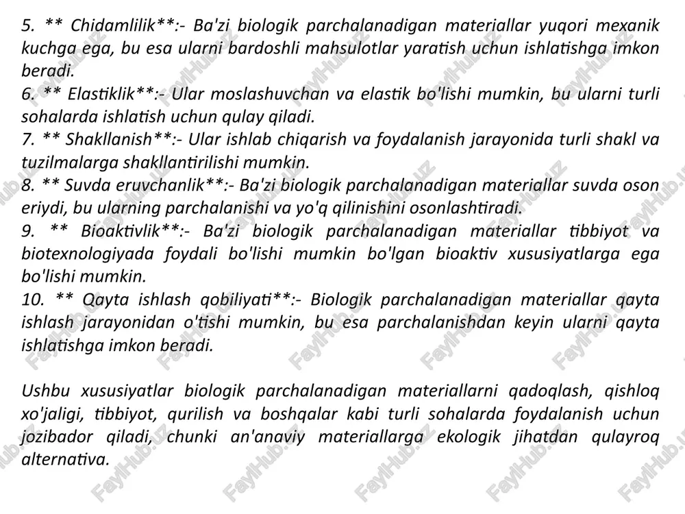 lene): churralar va boshqa tibbiy asboblar uchun to'rlarni yaratish uchun ishlatiladigan bardoshli plastmassa. biomos keluvchi materiallar tibbiyotda muhim rol o'ynaydi, chunki ular tana to'qimalari va hujayralari bilan xavfsiz o'zaro ta'sirni ta'minlaydi, rad etish va boshqa kiruvchi reaktsiyalar xavfini kamaytiradi. ular tibbiy buyumlar va implantlarni ishlab chiqish va ishlab chiqarishning ajralmas qismidir. tibbiyotda bioso’riluvchi materiallar ayrim o'ziga xos sohalari va turlari: ** kesish uchun tikuvlar va iplar**:- poliglikolid kateterlari kabi bioso’riluvchi iplar va tikuvlar teri va ichki tikuvlar uchun stomatologik va jarrohlik operatsiyalari uchun ishlatiladi. ** biologik parchalanadigan stentlar**:- biopsiya yutuvchi stentlar arteriyalar va qizilo'ngach kabi tomirlarning o'tkazuvchanligini tiklash uchun ishlatiladi. stent o'z vazifasini bajargandan so'ng, u tanada eriydi. ** yara implantlari**:- kuyishlar va yaralarni davolash uchun matritsalarni yaratish uchun agar va xitosan kabi bioporing materiallari qo'llanilishi mumkin. ** osteoartikulyar implantlar**:- polilaktik kislota (pla) va poliglikolid (pga) kabi bio-yutuvchi materiallar suyak va bo'g'imlarni rekonstruksiya qilish va davolash uchun implantlar yaratish uchun …