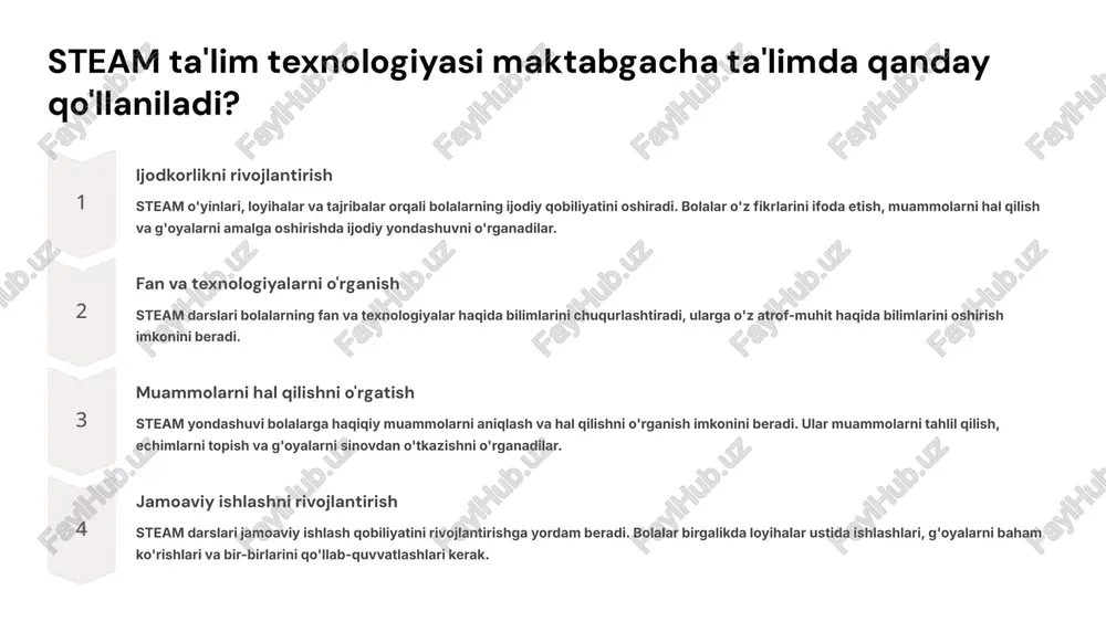 sida ta'lim tizimi tomonidan qo'llab-quvvatlanadi. yondashuv aqshda steam ko'proq integrativ, germaniyada fanlararo, rossiyada esa ilmiy-amaliy yondashuvga ega. dastur aqshda steam erkin tanlov asosida, germaniyada qat'iy dars rejasi bilan, rossiyada esa milliy dastur asosida amalga oshiriladi. 7 steam ta'lim texnologiyasining maktabgacha ta'limda afzalliklari keng qamrovli rivojlanish steam barcha bilim sohalarini o'z ichiga oladi, bu esa bolalarning bilim, ko'nikma va qobiliyatlarini har tomonlama rivojlantirishga yordam beradi. steam ta'limi bolalarni o'zlarini ifoda etish, muammolarni hal qilish va ijodkorlikni rivojlantirishga undaydi. zamonaviy bilim va ko'nikmalar steam ta'limi zamonaviy dunyoda talab qilinadigan muhim bilim va ko'nikmalarni rivojlantirishga qaratilgan, masalan, muammolarni hal qilish, muloqot qilish, tanqidiy fikrlash, ijodkorlik. steam ta'limi bolalarning texnologiyaga bo'lgan qiziqishini oshiradi va ularni kelajakdagi kasbiy faoliyatiga tayyorlaydi. 8 steam ta'lim texnologiyasining maktabgacha ta'limda kamchiliklari qimmatligi steam dasturlarini amalga oshirish uchun maxsus jihozlar, materiallar va o'qituvchilarga qo'shimcha o'qitish talab etiladi. bu maktabgacha ta'lim muassasalarining byudjetini sezilarli darajada oshirishi mumkin. o'qituvchilarning tayyorgarligi steam ta'lim …