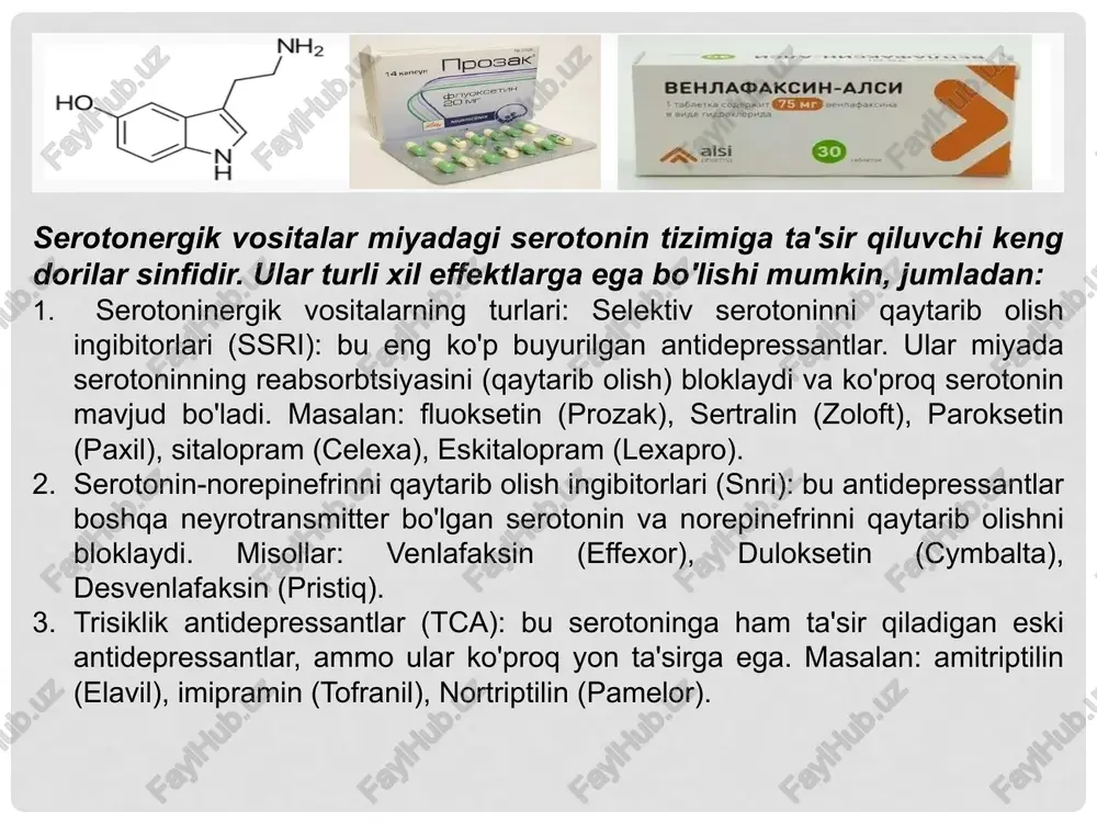 istaminlar sedativ ta'sirga ega va uyqusizlikni davolash uchun ishlatilishi mumkin. maniya-bu kayfiyatning oshishi, giperaktivlik, tez gapirish, uyquga bo'lgan ehtiyojning pasayishi, impulsivlik va boshqa alomatlar bilan tavsiflangan holat. maniyani davolash odatda dori terapiyasi va psixoterapiya kombinatsiyasini o'z ichiga oladi. maniyani davolash uchun asosiy dorilar: kayfiyat stabilizatorlari:* lityum: bu maniyani davolash va bipolyar buzilishning qaytalanishini oldini olish uchun eng samarali dorilardan biridir.* valproik kislota (depakin, konvuleks): shuningdek, o'tkir maniyani davolash uchun tez-tez ishlatiladigan samarali kayfiyat stabilizatori.* lamotrigin (lamiktal): bipolyar buzuqlikda depressiv epizodlarning oldini olishda, shuningdek maniyani davolashda samarali bo'lishi mumkin antipsikotiklar:* atipik antipsikotiklar (ikkinchi avlod): olanzapin (ziprexa), ketiapin (seroquel), risperidon (risperdal) - ko'pincha o'tkir maniyani davolash uchun ishlatiladi, ayniqsa psixotik alomatlar mavjud bo'lsa.* odatiy antipsikotiklar (birinchi avlod): haloperidol (haldol), xlorpromazin (torazine) - qo'llanilishi mumkin, ammo maniyaning og'ir holatlarida tez-tez ishlatiladi, chunki yon ta'sir qilish xavfi katta. xulosa serotoninergiklar miyaning serotonin tizimiga ta'sir qiladi. depressiya, migren va boshqa kasalliklarni davolash uchun qo'llaniladi. misollar: …