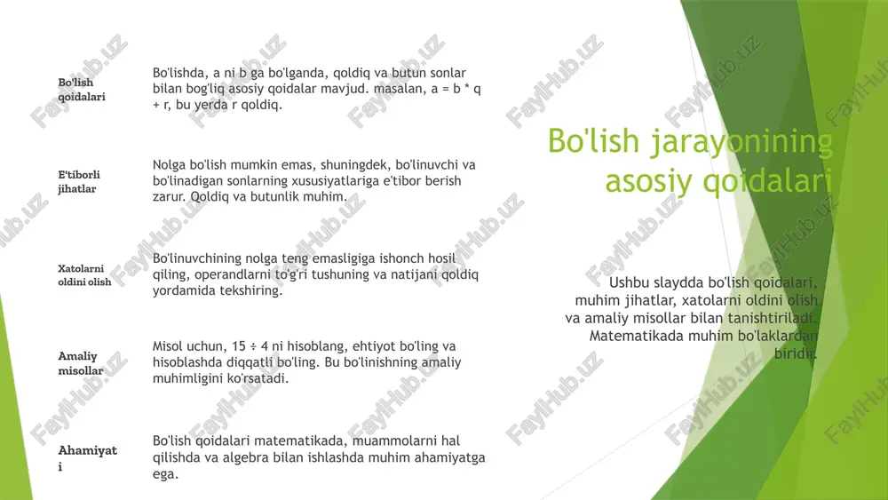 g'liqligini tushunish muhim. masalan, 50+50 ni yodda saqlash. hisoblashda tezlik to'g'ri natijalarga erishish uchun raqamlarni ajratib, ularning munosabatlarini aniqlash zarur. masalan, 100 ni 25 ga bo'lish 4 ga teng. samarali hisoblash usullari xatoliklarni kamaytirish uchun tekshirish va teskari hisoblash metodlaridan foydalaning. masalan, bo'linma natijasini ko'paytirish. xatoliklarni kamaytirish amaliy misollar yordamida xatoliklarni kamaytirish va hisoblash strategiyalarini mustahkamlash mumkin. amaliy qo'llanma va misollar fokuslar va usullar hisoblashda foydalaniladigan fokuslar, tezlikni oshirish uchun usullar va amaliy misollar orqali tushuntirish. fokuslar, masalan, raqamlarni ajratib, shablonlar yordamida hisoblashni soddalashtiradi. tezlik uchun, qisqartirish va fokuslarni qo'llash mumkin. masalan, 48 ÷ 6 ni tez hisoblashda, 48 ni 6 ga bo'linadigan raqamlarga ajratish yoki qoidalardan foydalanish hisoblashni tezlashtiradi. hisoblashda xatolarni kamaytirish xatolarni aniqlash, tuzatish va nazorat qilish usullari. xatolarni aniqlash uchun natijalarni tekshirish, solishtirish, differentsial va tahlil qilish usullaridan foydalaning. hisoblashda raqamlarni to'g'ri yozish, amallarni ketma-ket bajarish va diqqat bilan ishlash muhim, buzilishlardan qochish uchun. o'z-o'zini tekshirish uchun …