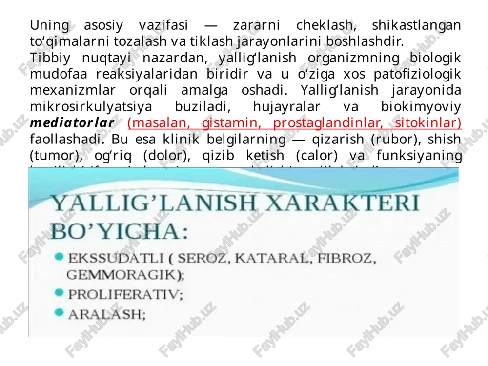ollashadi, granulyatsion to‘qima hosil bo‘ladi. — yallig‘lanish yakunlanadi: ya’ni to‘qima tiklanishi yoki chandiq to‘qimasi hosil bo‘lishi bilan tugaydi. patogenetik davolash (jarayonni to‘xtatish): yallig‘lanishga qarshi dorilar (nsaidlar): ibuprofen, diklofenak, naproksen — prostaglandinlar sintezini to‘xtatib, og‘riq va shishni kamaytiradi. glyukokortikosteroidlar: prednizolon, deksametazon — kuchli yallig‘lanishga qarshi va immunosupressiv ta’sir ko‘rsatadi. antioksidantlar: vitamin e, c — erkin radikallarni neytrallaydi va shikastlanishni kamaytiradi. simptomatik davolash (belgilarni yengillashtirish): og‘riqni kamaytirish: analgetiklar (paratsetamol, nimesulid). shishni kamaytirish: sovuq kompresslar, yallig‘lanishga qarshi gel va kremlar. odatda dam olish va yallig‘langan joyni himoya qilish ham tavsiya etiladi. qo‘shimcha usullar: fizioterapiya (ultratovush, lazer terapiyasi) jarrohlik davolash (masalan, abscessni ochish va drenaj qilish) immunoterapiya (ba'zi surunkali va autoimmun yallig‘lanishlarda) xulosa: yallig‘lanish — bu organizmning shikastlanish va zararli omillarga nisbatan rivojlanadigan himoya va moslashish reaksiyasi bo‘lib, uning maqsadi — zarar yetkazuvchi omilni yo‘qotish, shikastlangan to‘qimalarni tiklash va homeostazni qayta tiklashdir. yallig‘lanish o‘zining klassik belgilariga ega: qizarish, shish, og‘riq, qizib ketish va funksiyaning …