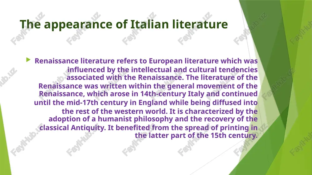 ni (italian: [mikeˈlandʒelo di lodoˈviːko ˌbwɔnarˈrɔːti siˈmoːni]; 6 march 1475 – 18 february 1564), known as michelangelo (english: /ˌmaɪkəlˈændʒəloʊ, ˌmɪk-/[1]), was an italian sculptor, painter, architect,[2] and poet of the high renaissance. born in the republic of florence, his work was inspired by models from classical antiquity and had a lasting influence on western art. pietà (1498–1499) david (1501–1504) sistine chapel ceiling (1508–1512) moses (1513–1515) the last judgment (1536–1541). storia della letteratura italiana the storia della letteratura italiana (history of italian literature) is an essay written by italian literary critic francesco de sanctis, published by morano in two volumes in 1870 and 1871. it is considered the first truly complete, organic treatment of italian literature as a whole. the storia della letteratura italiana consists of the 20 chapters (the last two are somewhat shorter and less in-depth, due to pressure the publisher put on de sanctis to complete the work): …