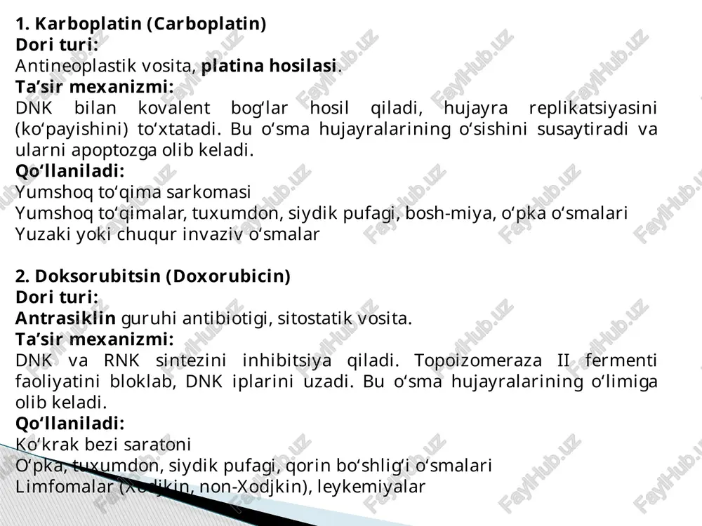toksik vositalardir. qisqa ta’sirli sulfanilamidlar sulfanilamid sulfadimidin sulfisoxazol 🕒 ta’sir muddati: 4–8 soat o‘rta ta’sirli sulfanilamidlar sulfadiazin sulfametoksazol 🕒 ta’sir muddati: 8–12 soat qo‘llanilishi nafas yo‘llari infeksiyalari (angina, bronxit) siydik yo‘llari infeksiyalari ichak infeksiyalari (dizenteriya, salmonellyoz) ko‘z va teri infeksiyalari pneumocystis jirovecii pnevmoniyasi (ko-trimoksazol) mikroblarga qarshi tuzilishi turlicha bo‘lgan sintetik moddalar 📌 1. umumiy ta’rif sintetik antimikrob vositalar — bu sun’iy yo‘l bilan laboratoriyada sintez qilingan, tabiiy antibiotiklarga aloqasi bo‘lmagan, ammo mikroorganizmlarga qarshi ta’sir ko‘rsatuvchi kimyoviy moddalardir. ularning kimyoviy tuzilmalari har xil, lekin umumiy jihati — mikroblar o‘sishini to‘xtatish yoki ularni yo‘q qilishdir. nitrofuranlar tuzilmasi: nitrofuranning hosilalari misollar: furazolidon, furagin, nifuroksazid ta’siri: fermentlarga ta’sir qilib dnk sintezini buzadi asosan ichak va siydik yo‘li infeksiyalarida qo‘llaniladi xinolon va ftorxinolonlar tuzilmasi: kinolon yadro tuzilmasiga ega misollar: i avlod: nalidiks kislotasi ii–iv avlod: ciprofloxacin, levofloxacin, ofloxacin ta’siri: dnk-giraza fermentini bloklaydi → bakteriyaning dnk sintezi to‘xtaydi oksaxinlar misollar: nitroksolin (5-nok) ta’siri: dnk sintezini buzadi …