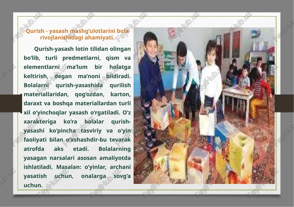 shashini topib qo‘yishga va farqini ajrata bilishga majbur qiladi va qurilishdagi vazifalarni pala- partish bajarmaslikka, tasodifiy xulosa bilan qoniqib qolmay, balki maqsadga muvofiq yo‘l tutishga o‘rgatadi. bolalar bilimini mavzuli ravishda qurilish o‘yinlari faqat tevarak-atrofni bilib olish vositasigina bo‘lib qolmay, balki axloqiy sifatlarni tarbiyalovchi vosita hamdir. bolalar bevosita kuzatayotgan qurilishdagi konkret misollar bolalarning o‘zbek xalqi o‘z mexnatini qanchalik sevishini tushunishlariga yordam beradi. qurilish o‘yinlari orqali tarbiyachi bolalarda mexnatsevarlik, mustaqillik, o‘z ishiga javobgarlikni hissini tarbiyalab borishga harakat qilidi. bolalar jamoasini to‘g‘ri tashkil etishda qurilish materiallari bilan o‘tkaziladigan o‘yin va mashg‘ulotlar katta ahamiyatga e ga. qurilish materiallari bilan o‘tkaziladigan o‘yin va mashg‘ulotlar bolalarni maktabga tayyorlash ishini amalga oshirishda ham yordam beradi. bu o‘yin va mashg‘ulotlar jarayonida bolalarda diqqatni bir joyga to‘plash, oldiga qo‘ygan maqsadga chidam va sabot bilan erishish, olgan bilimi va malakasi asosida ijodiy tashabbuskorlik ko ‘rsatish xususiyatlari shakllanib boradi. qurilish haqidagi asosiy bilimni bolalar qurish-yasash mashg‘ulotida egallaydilar. ana shu mashg‘ulotlarda ular …