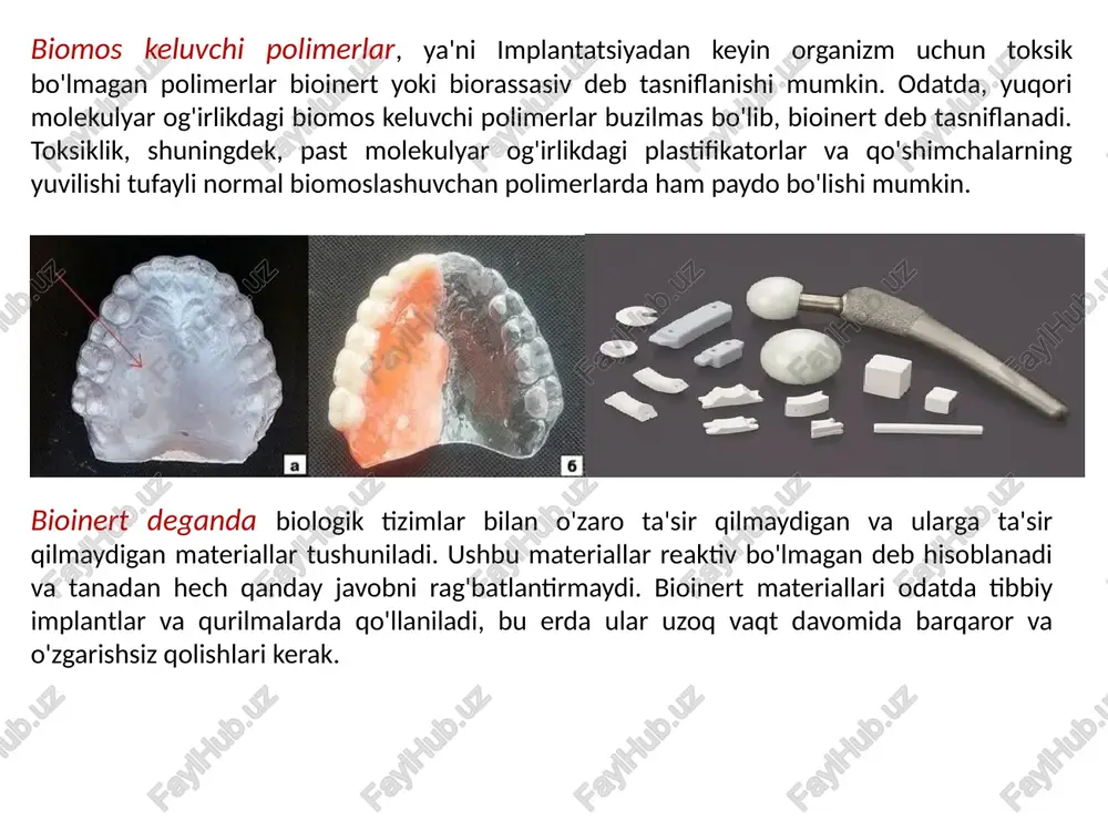 merlarning tibbiyotda qo'llanilishi: 1. implantlar va protezlar: - jarrohlik aralashuvi uchun sun'iy bo'g'inlar, stentlar va periferik tomirlar protezlari kabi bioinert implantlar va protezlarni yaratish. 2. tibbiy asboblar: - bioinert polimerlardan foydalangan holda tibbiy asboblar, laboratoriya idishlari va tibbiy muolajalar uchun asboblar ishlab chiqarish. 3. dori vositalari: - bioinert polimerlar asosida dori vositalari, mikrokapsulalar va dori vositalarining boshqariladigan relizlarini yaratish. biologik muhit bilan aloqa qilish uchun mo'ljallangan har qanday materiallar va mahsulotlar ularning bioinertligi, mosligi va odamlar uchun xavfsizligini hisobga olgan holda ehtiyotkorlik bilan tanlanishi kerak. tibbiyot amaliyotida bioinert polimerlardan foydalanish davolash natijalarini yaxshilaydi va allergik reaktsiyalar va asoratlar ehtimolini kamaytiradi. ortopedik implantlar kestirib, tizzani almashtirish kabi ortopedik implantlar ko'pincha titan yoki kobalt-xrom qotishmalari kabi bioinert materiallardan tayyorlanadi. ushbu materiallar tanlangan, chunki ular kuchli, bardoshli va tanadan yallig'lanish reaktsiyasini keltirib chiqarmaydi. biroq, ba'zi hollarda biologik faol materiallardan foydalanish mumkin. masalan, implant to'g'ridan-to'g'ri suyak bilan bog'lanishi kerak bo'lgan hollarda, suyak o'sishi va …